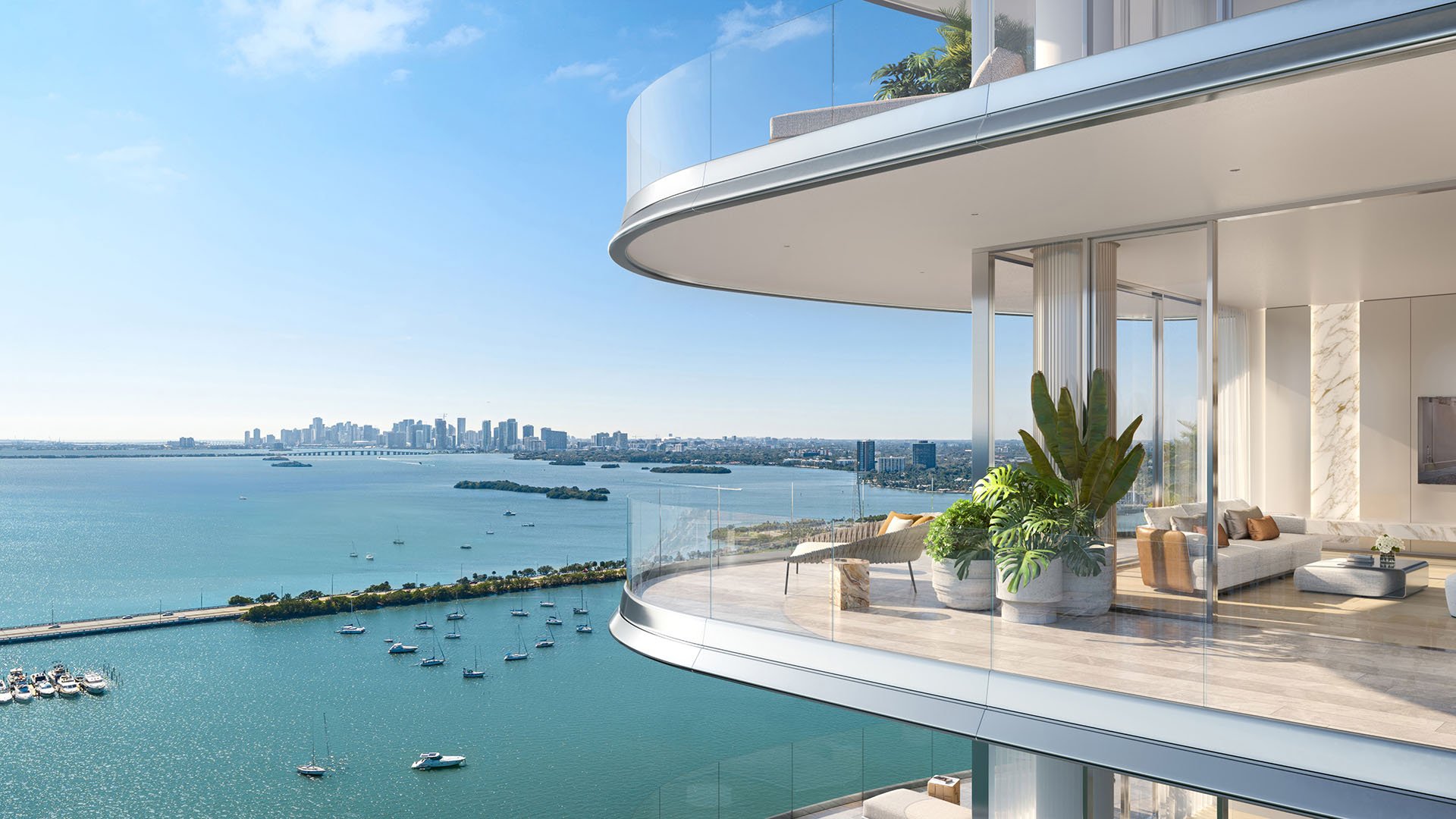 Pagani Residences North Bay Village Miami Residence 04 Hummingbird curved waterfront balcony with glass railing and Biscayne Bay to Miami skyline views, luxury and ultra luxury preconstruction condos.