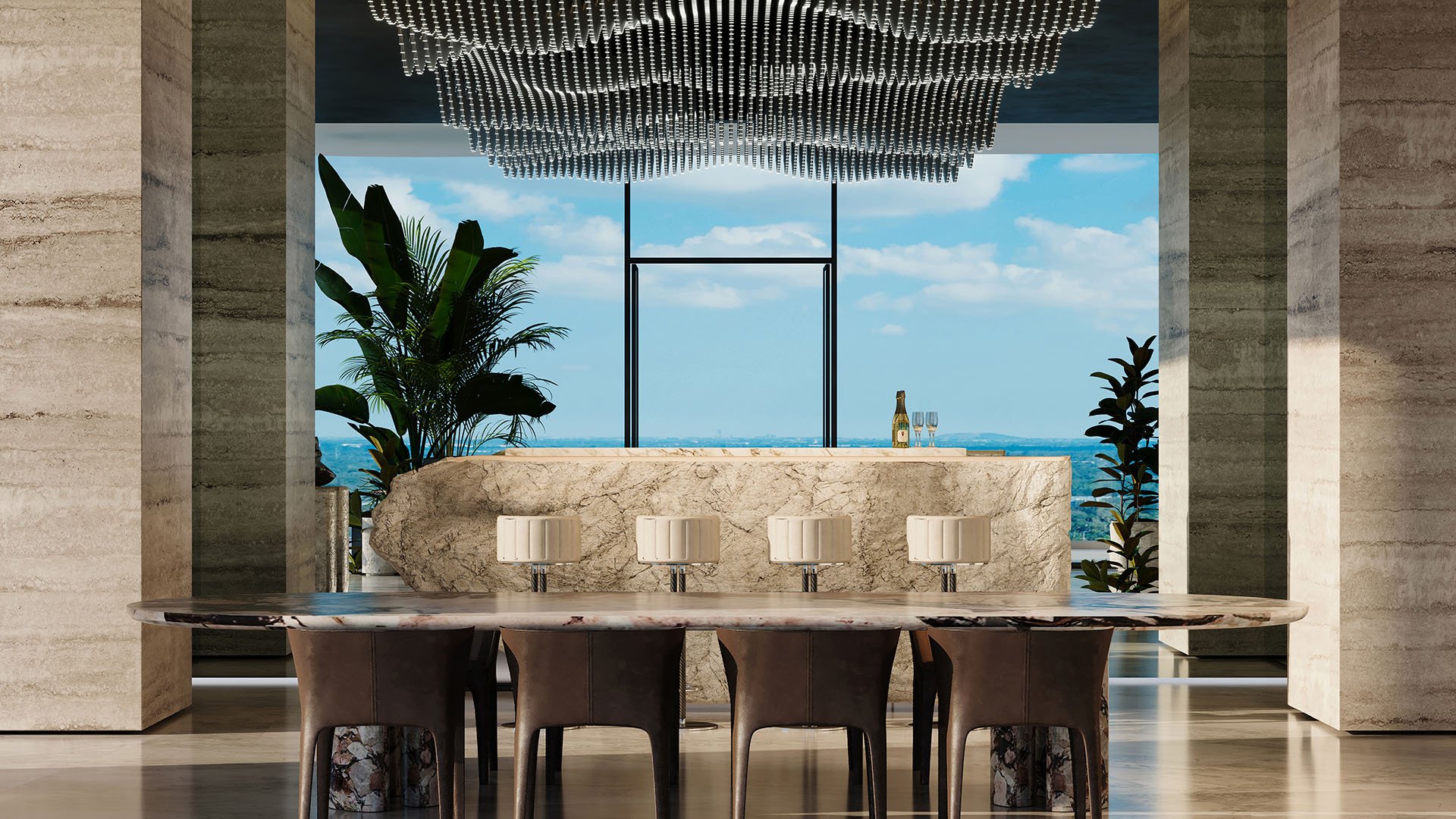 Pagani Residences North Bay Village Miami sky lounge marble bar with stools and dramatic LED ceiling, opening to ocean and bay views, luxury and ultra luxury preconstruction condos entertainment space.