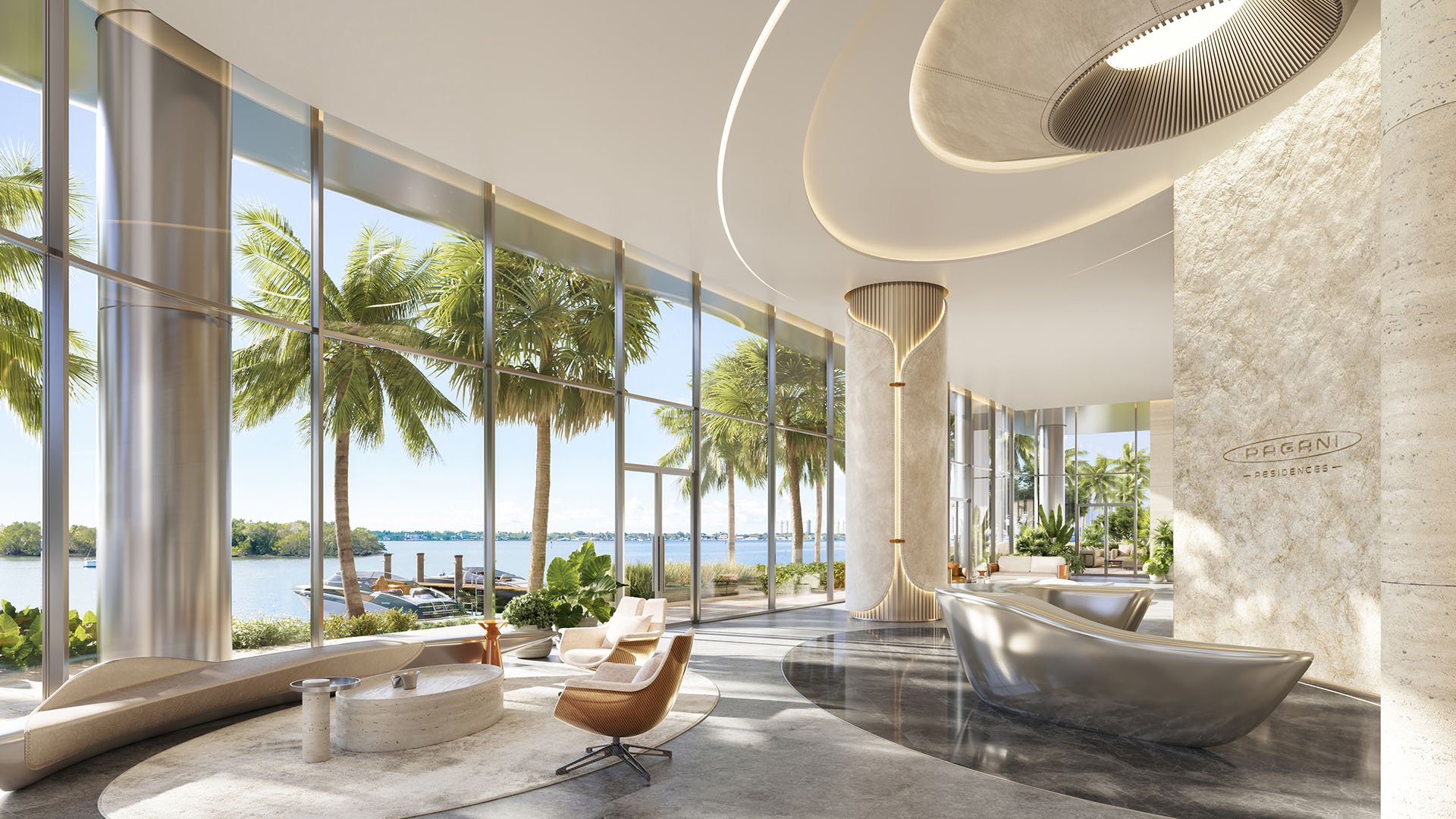 Pagani Residences waterfront lobby in North Bay Village, Miami with floor-to-ceiling glass, palm tree views and sculptural seating, showcasing luxury and ultra luxury preconstruction condos arrival experience on Biscayne Bay.