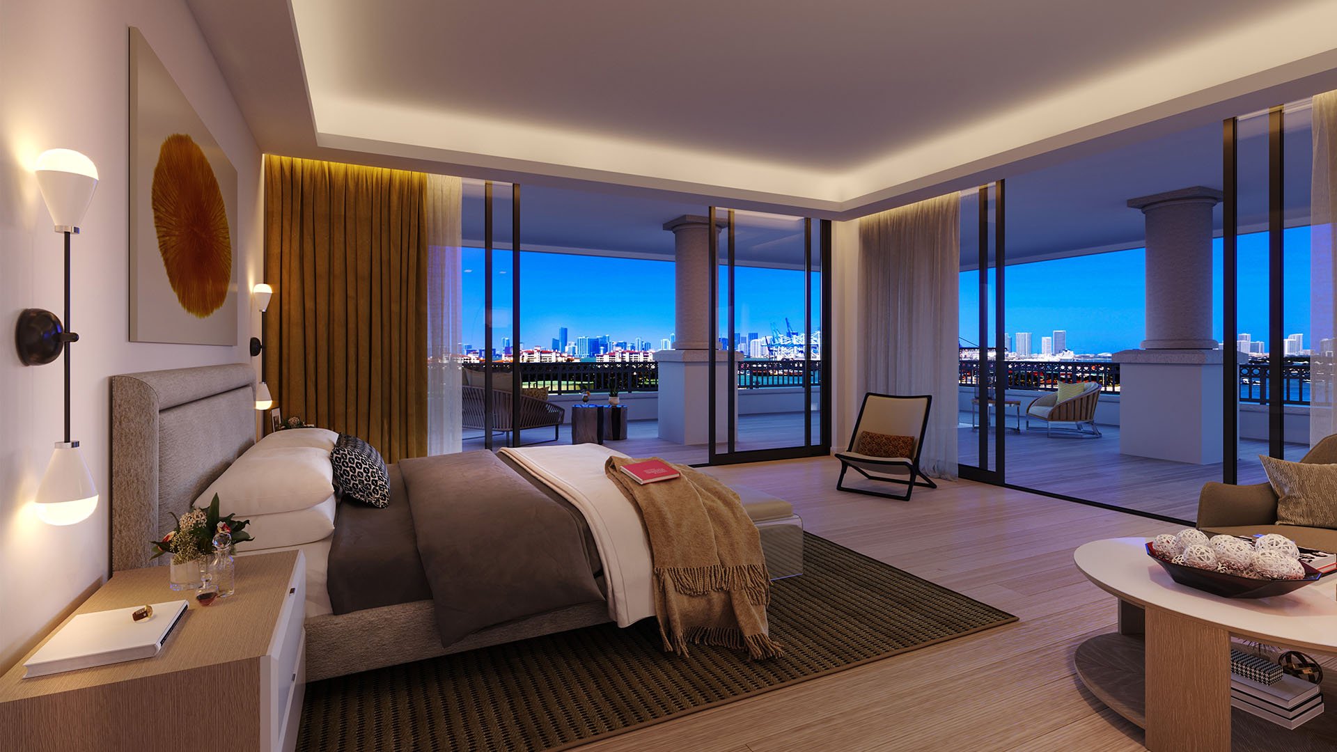 Palazzo della Luna in Fisher Island luxury and ultra luxury condos with a bedroom opening to a wraparound terrace and illuminated evening skyline views.
