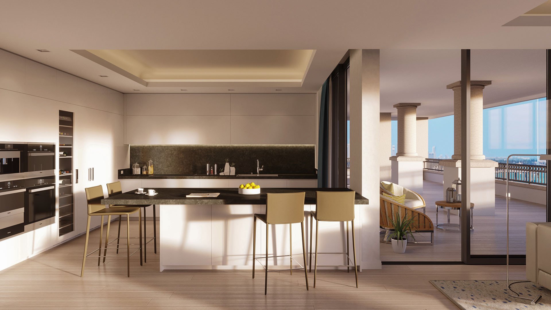 Palazzo della Luna in Fisher Island luxury and ultra luxury condos with a chef kitchen island, sleek cabinetry, and a waterfront terrace beyond sliding doors.