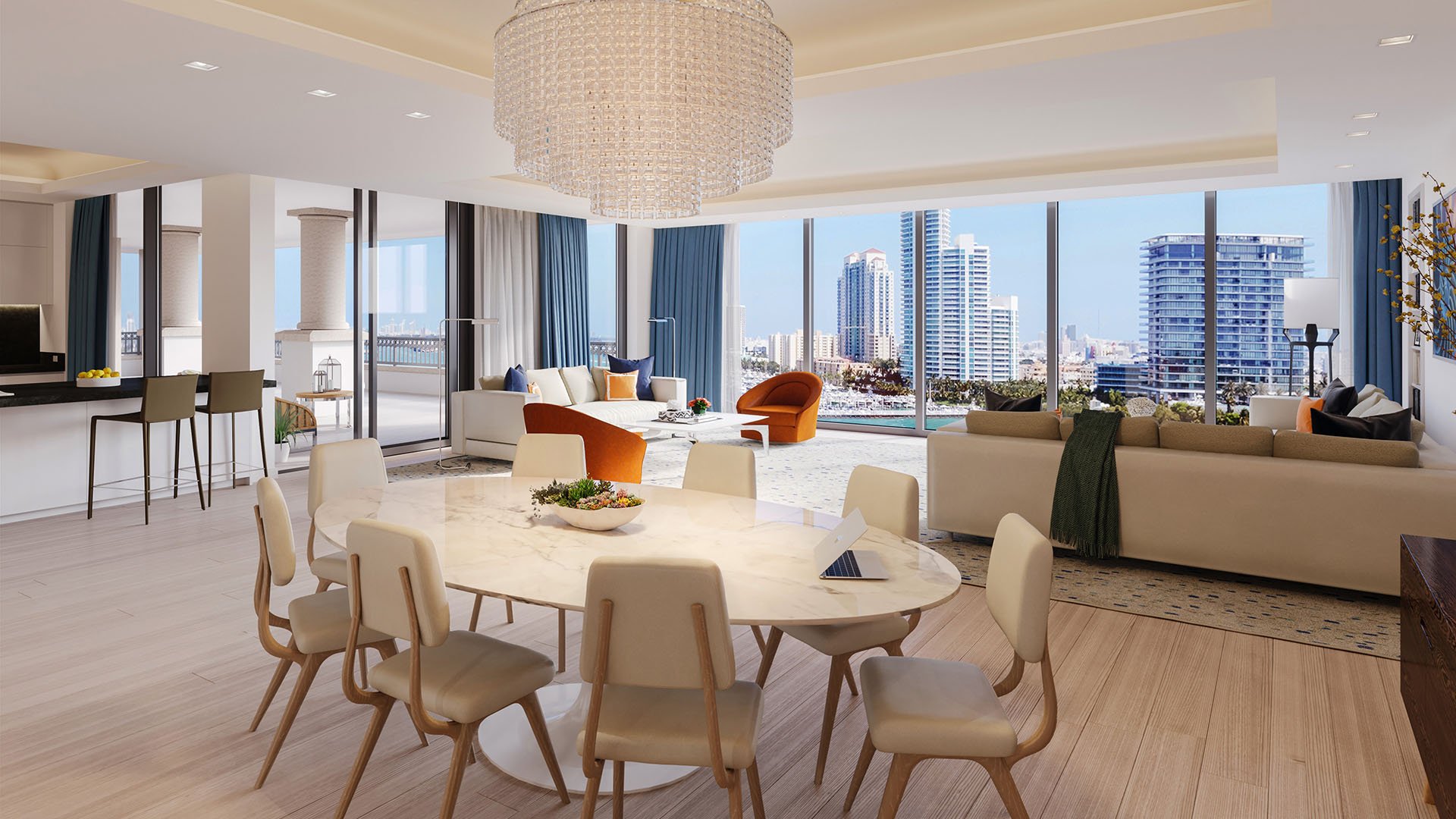 Palazzo della Luna in Fisher Island luxury and ultra luxury condos with an open-plan dining and living room, full-height windows, and skyline views.