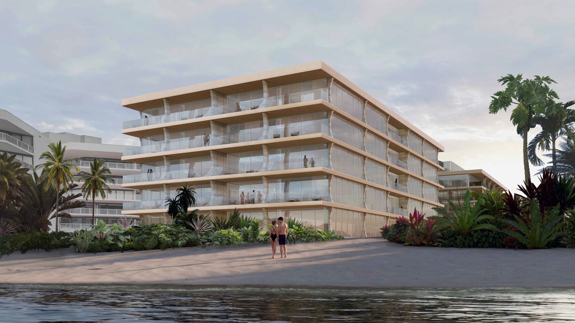 Palm Beach Residences by Aman, Palm Beach, Florida beachfront low-rise with flowing glass balconies and ocean shoreline, showcasing luxury and ultra luxury preconstruction condos with resort-style tropical landscaping.