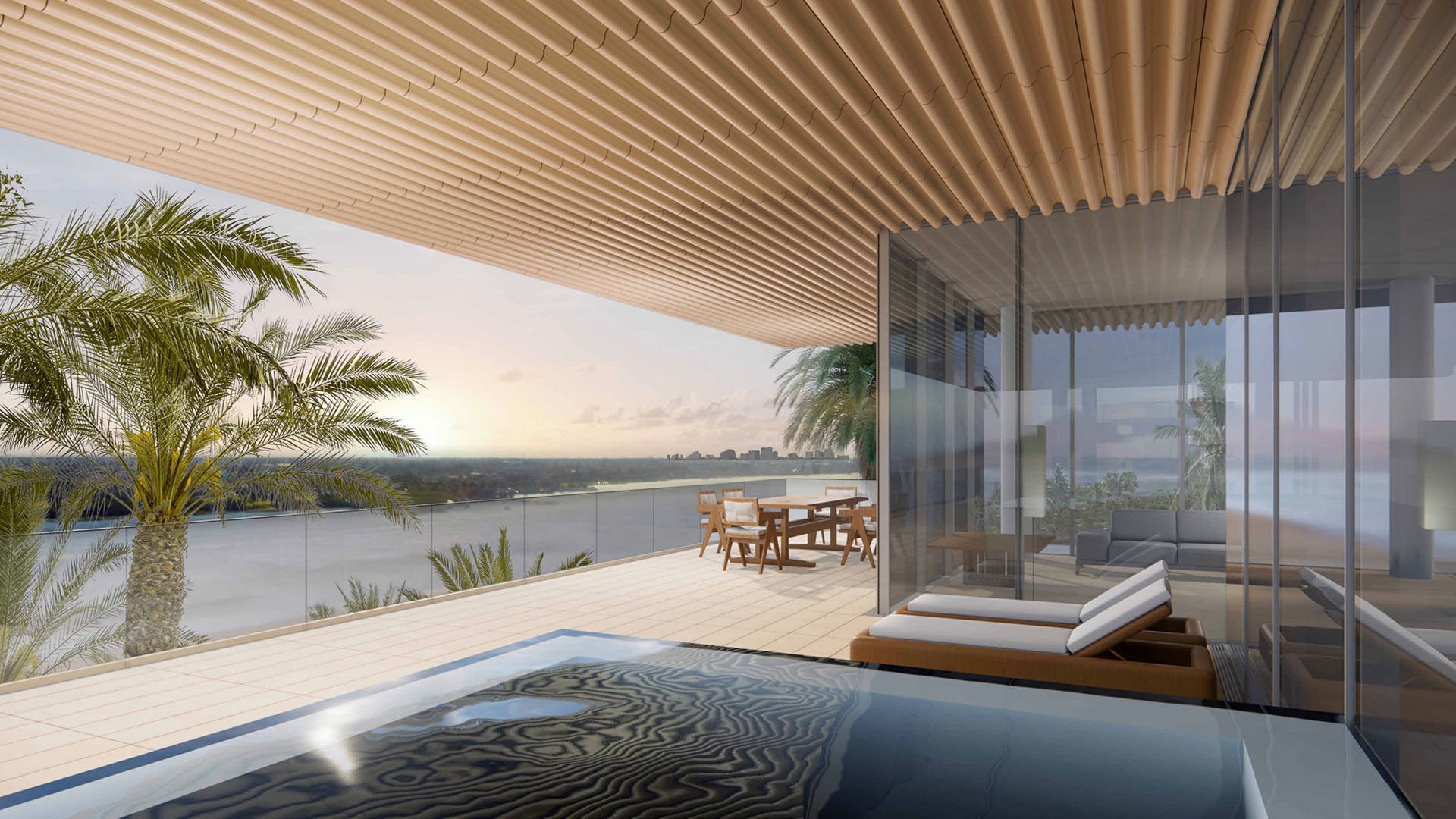 Private terrace plunge pool at Palm Beach Residences by Aman, Palm Beach, Florida, with slatted canopy, glass walls, loungers and water views, showcasing luxury and ultra luxury preconstruction condos with indoor-outdoor amenities.