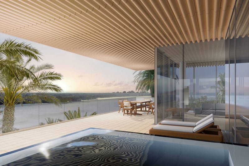 Private terrace plunge pool at Palm Beach Residences by Aman, Palm Beach, Florida, with slatted canopy, glass walls, loungers and water views, showcasing luxury and ultra luxury preconstruction condos with indoor-outdoor amenities.
