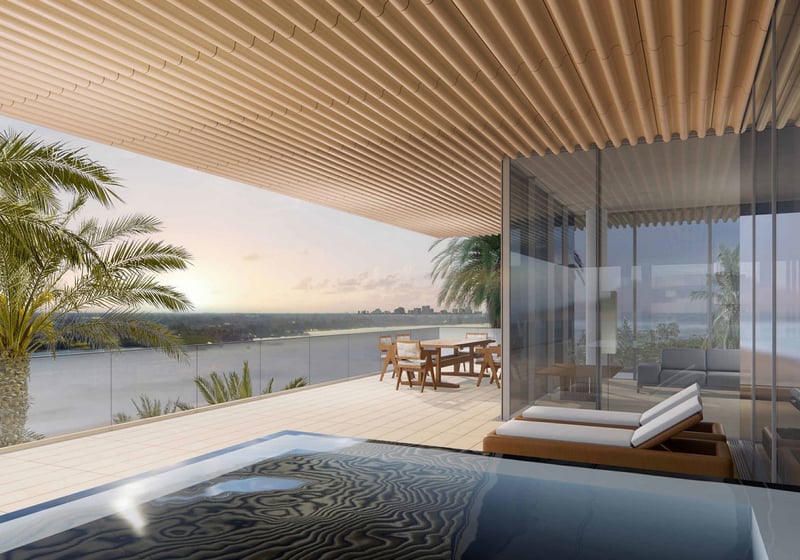 Private terrace plunge pool at Palm Beach Residences by Aman, Palm Beach, Florida, with slatted canopy, glass walls, loungers and water views, showcasing luxury and ultra luxury preconstruction condos with indoor-outdoor amenities.