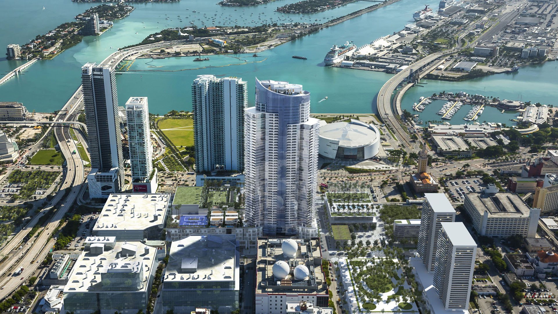Paramount Miami Worldcenter, Downtown Miami, luxury and ultra luxury condos with an aerial waterfront tower view near the bay, bridges, marina, and the surrounding Miami skyline.