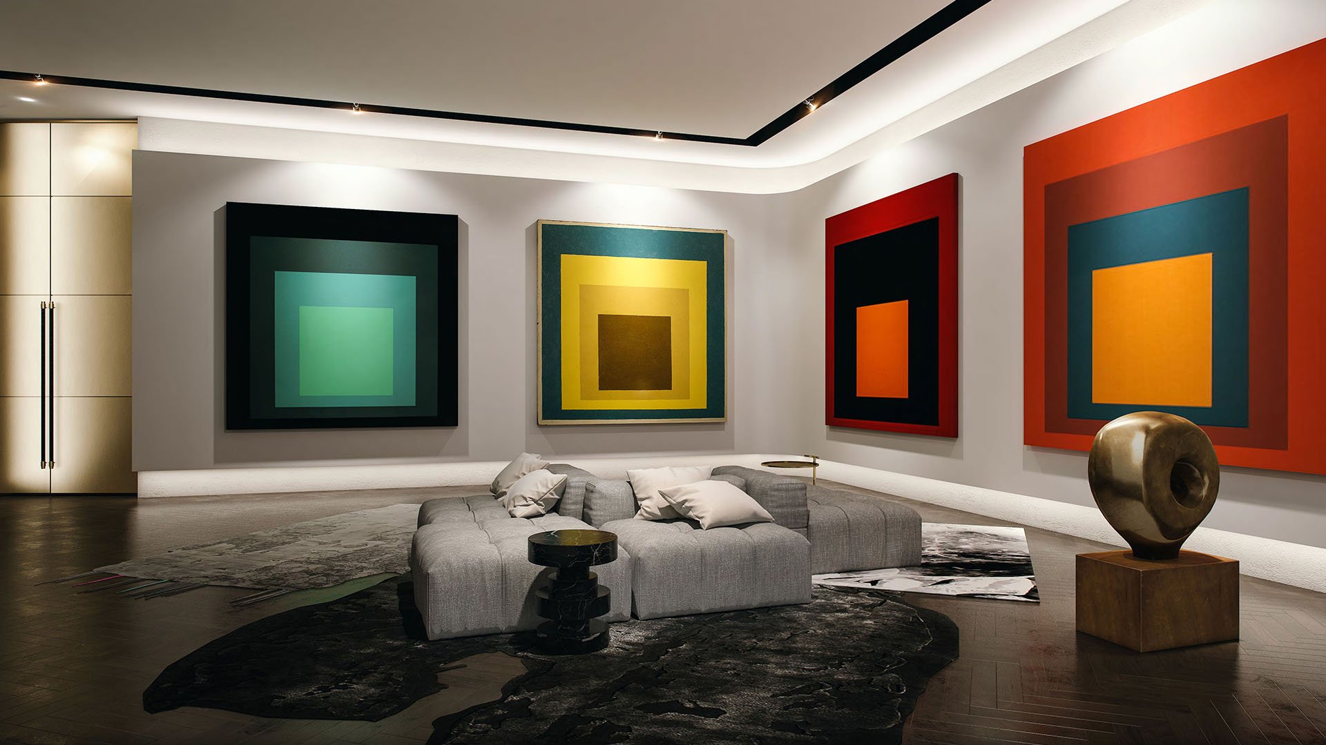 Art gallery lounge with oversized color block paintings, sculptural seating and dark wood floors at Park Grove in Coconut Grove, reflecting the luxury and ultra luxury condos aesthetic.