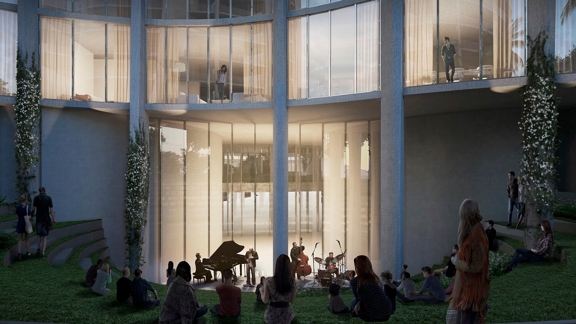 Courtyard performance lawn with a jazz band, amphitheater seating and a glass-walled tower backdrop at Park Grove in Coconut Grove, enhancing the luxury and ultra luxury condos amenities.