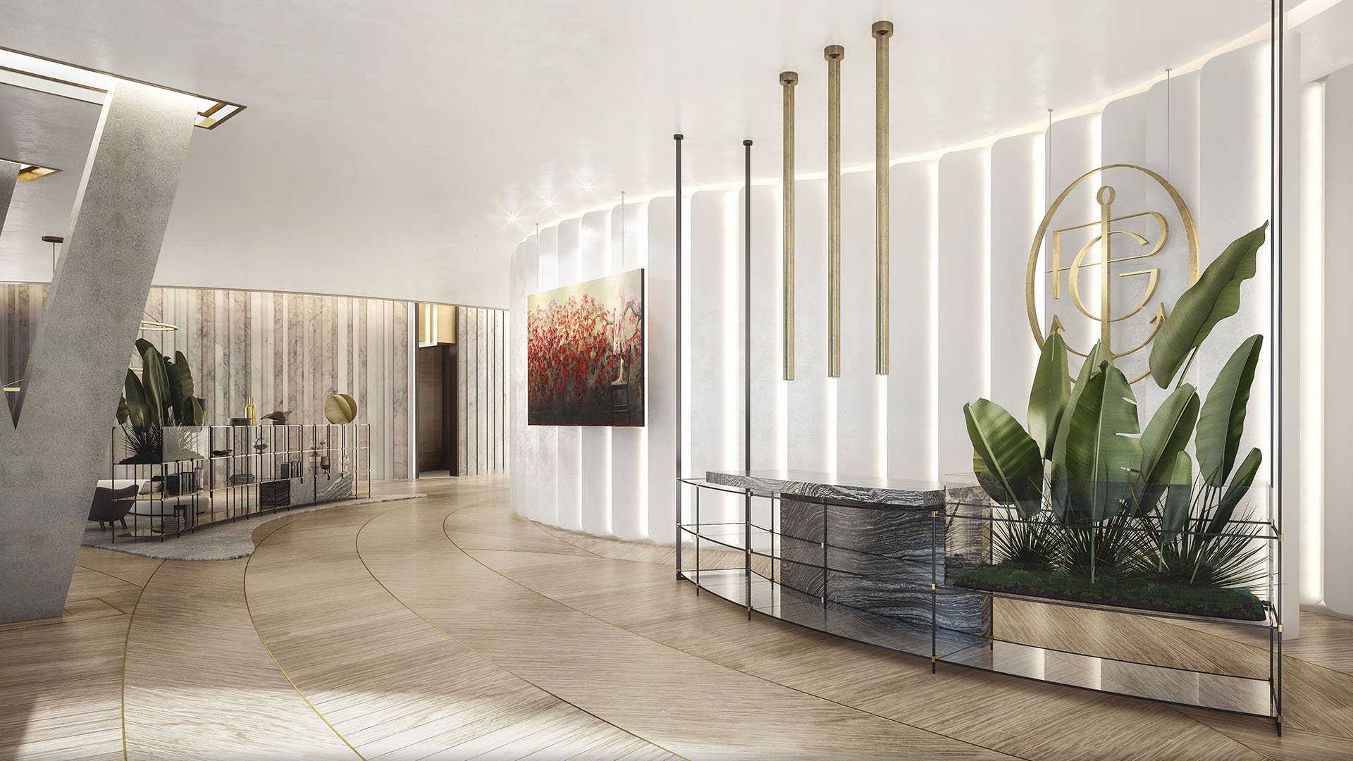 Curved reception lobby with a gold monogram, stone desk, pendant lighting and tropical planters at Park Grove in Coconut Grove, serving the luxury and ultra luxury condos.