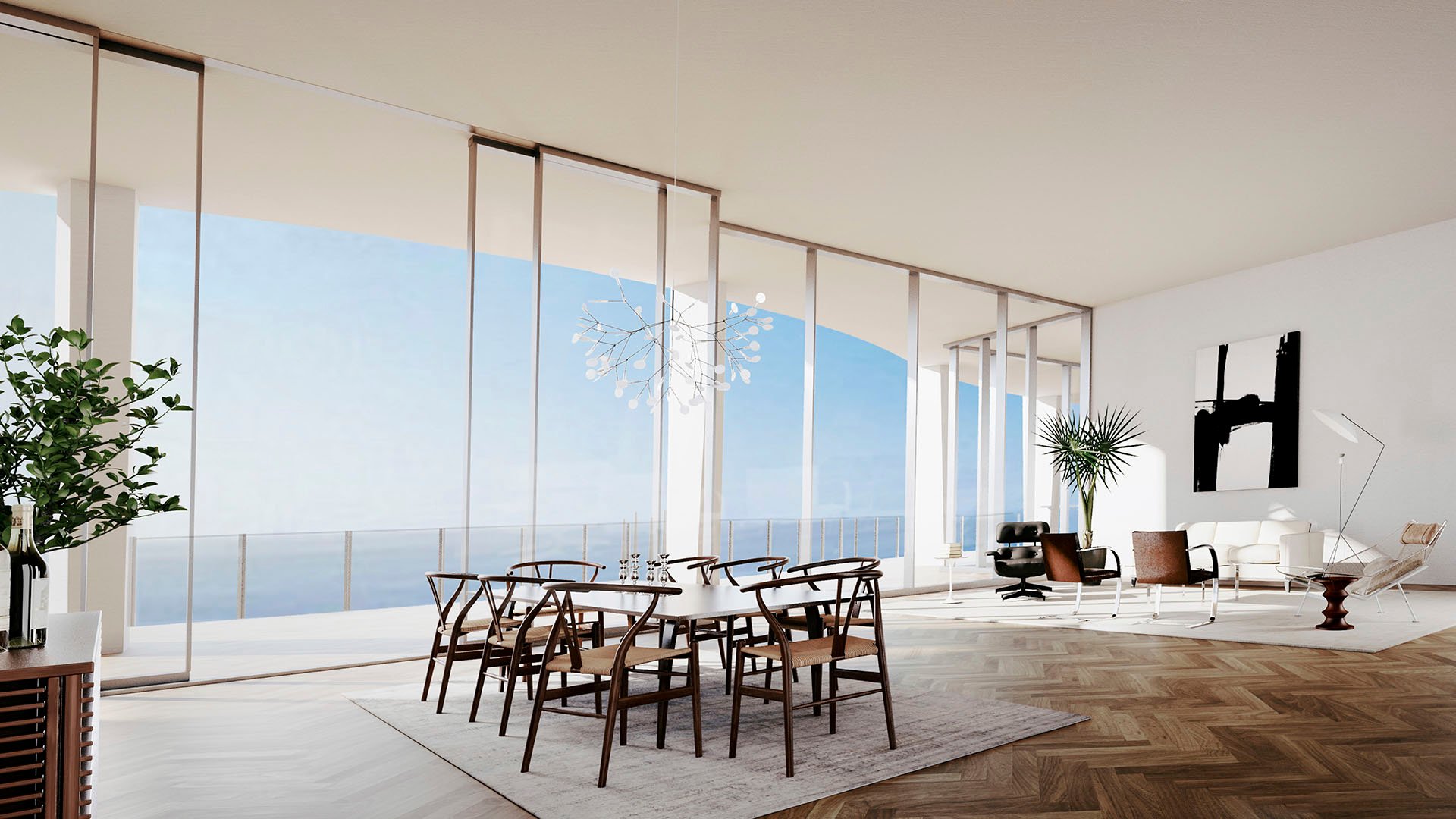 Minimalist dining and living great room with a wall of glass, modern seating and open water views at Park Grove in Coconut Grove, exemplifying luxury and ultra luxury condos interiors.