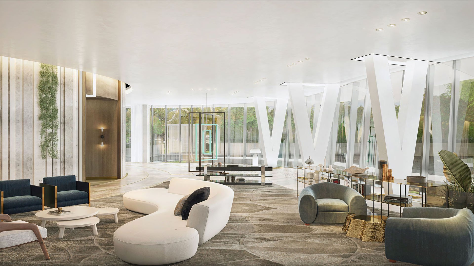 Sculptural white lobby lounge with angled columns, curved seating and glass walls at Park Grove in Coconut Grove, showcasing luxury and ultra luxury condos.