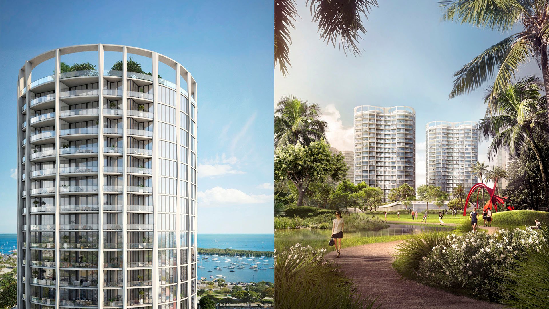 Split view of a curved tower exterior and a landscaped garden path at Park Grove in Coconut Grove, highlighting the luxury and ultra luxury condos architecture and grounds.