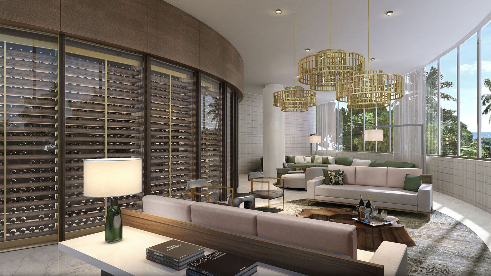 Wine lounge with a curved cellar wall, designer chandeliers and conversational seating at Park Grove in Coconut Grove, elevating the luxury and ultra luxury condos experience.