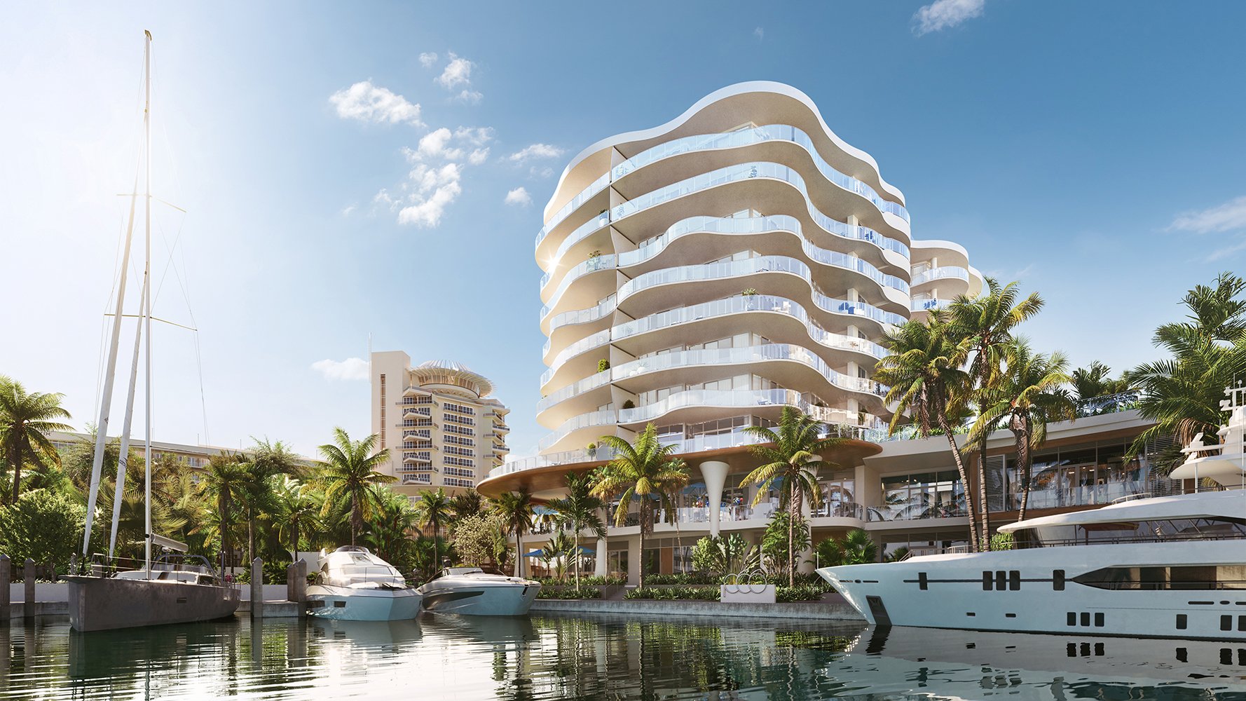 Waterfront luxury condominium at Pier Sixty-Six in Fort Lauderdale, featuring flowing architectural lines, expansive glass terraces, tropical landscaping, and a private marina with yachts along the intracoastal. Featuring modern, condo, sunset, and view.
