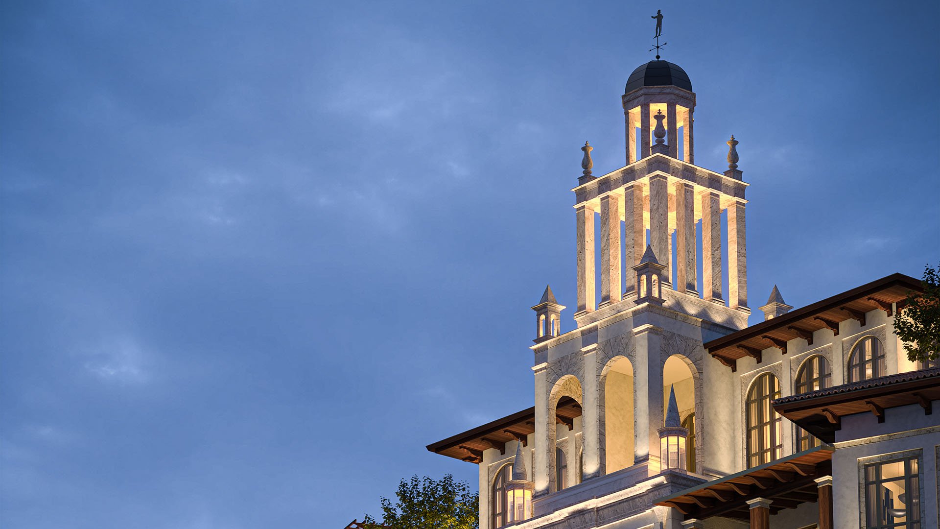 Illuminated tower cupola detail at Ponce Park Residences in Coral Gables, Miami during twilight, emphasizing luxury and ultra luxury preconstruction condos with classic Mediterranean design and landmark silhouette.