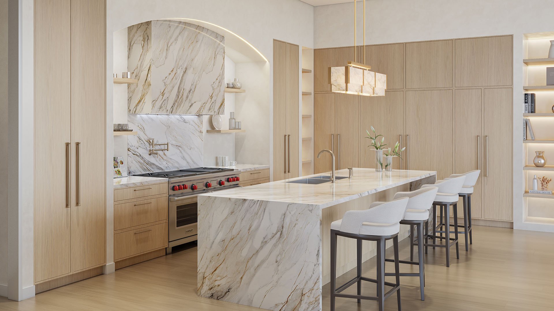 Ponce Park Residences Coral Gables, Miami chef's kitchen with marble waterfall island, arched stone backsplash and light wood cabinetry, showcasing luxury and ultra luxury preconstruction condos with designer finishes.
