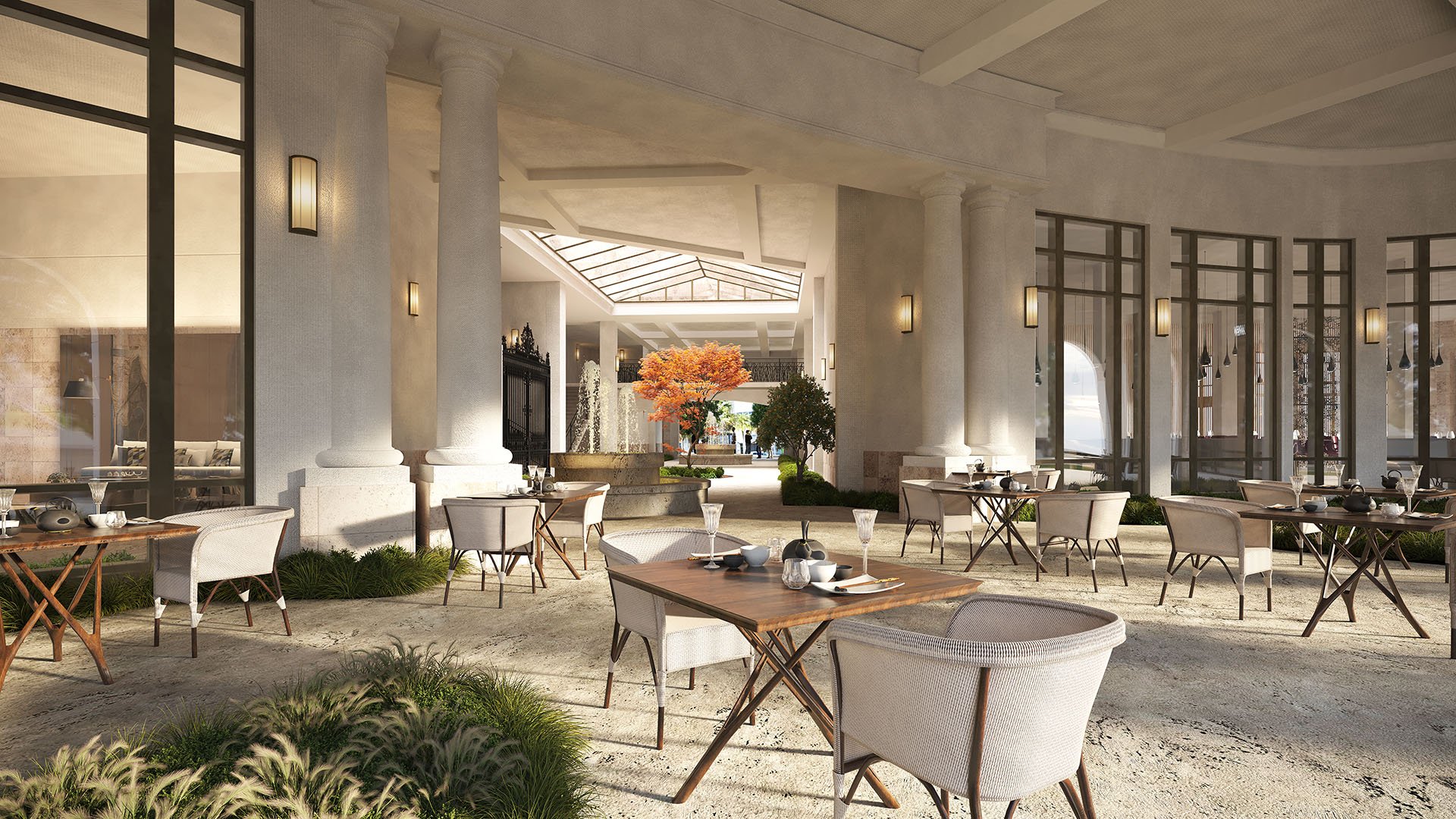 Ponce Park Residences Coral Gables, Miami open-air paseo with colonnade, skylight, fountain and outdoor dining, illustrating luxury and ultra luxury preconstruction condos with curated amenity courtyard.