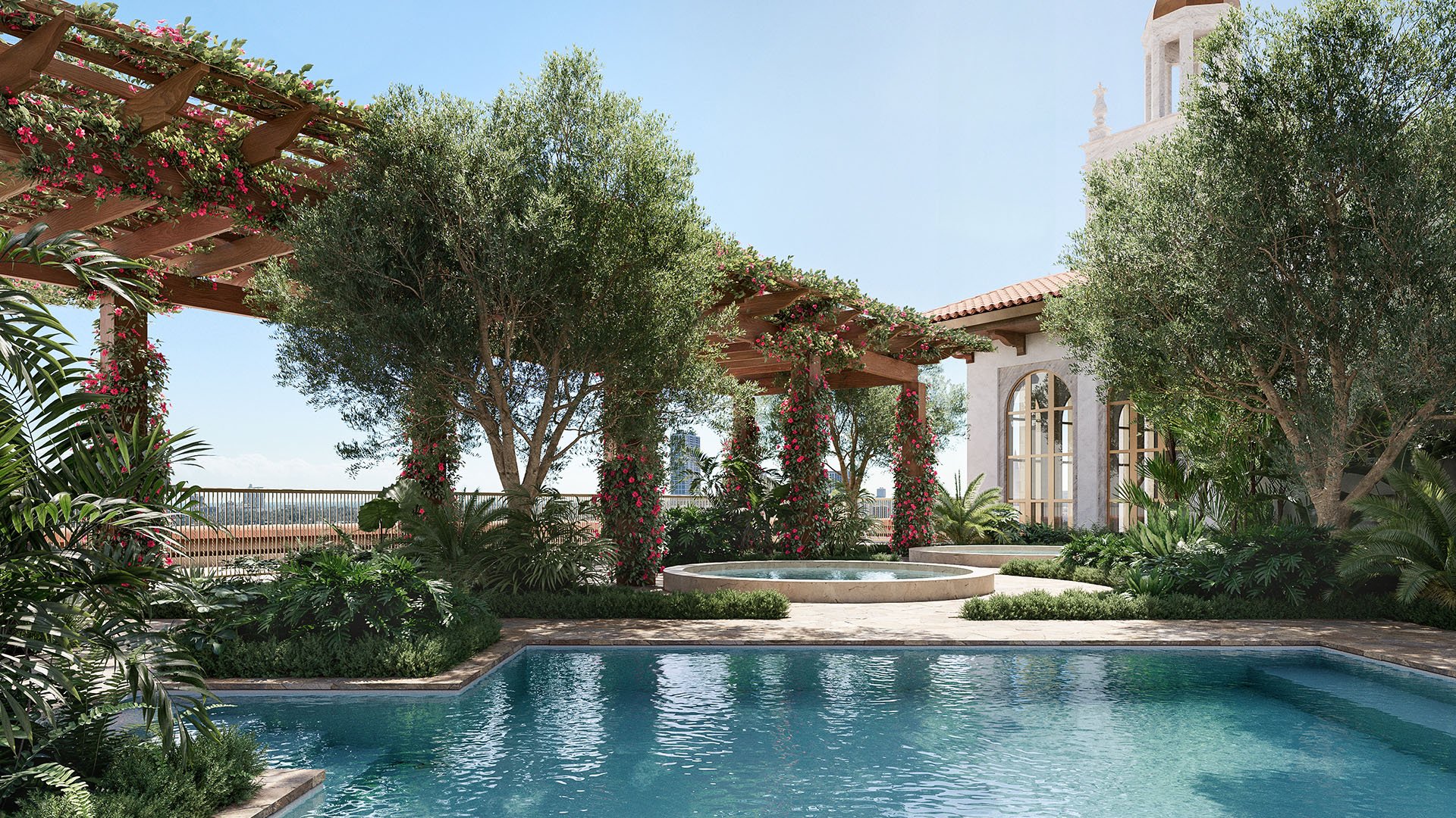 Resort-style pool and spa at Ponce Park Residences Coral Gables, Miami with pergola and flowering vines in lush gardens, showcasing luxury and ultra luxury preconstruction condos with resort amenity deck.