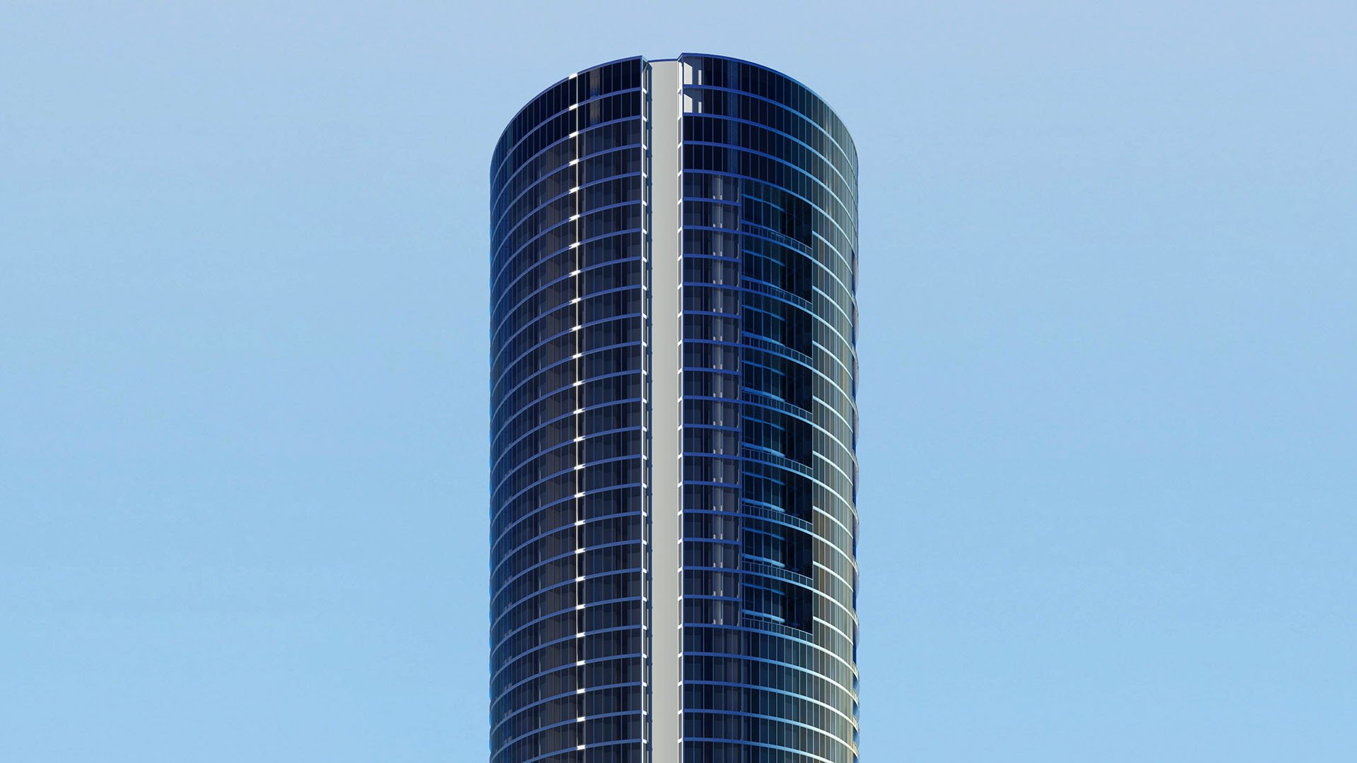Porsche Design Tower Sunny Isles Beach luxury ultra luxury condos shown in an exterior tower elevation view, featuring a curved glass façade rising against a clear sky in Sunny Isles Beach.