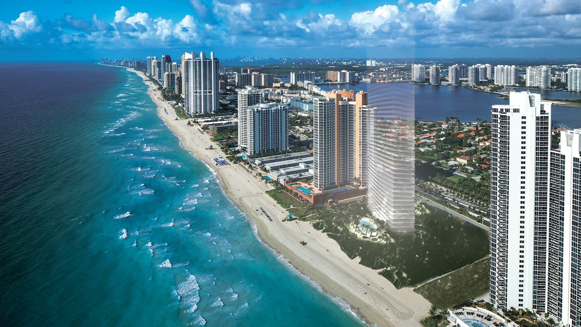 Residences by Armani Casa, Sunny Isles Beach luxury and ultra luxury preconstruction condos, aerial waterfront view of the beachfront tower along turquoise shoreline and the surrounding skyline.