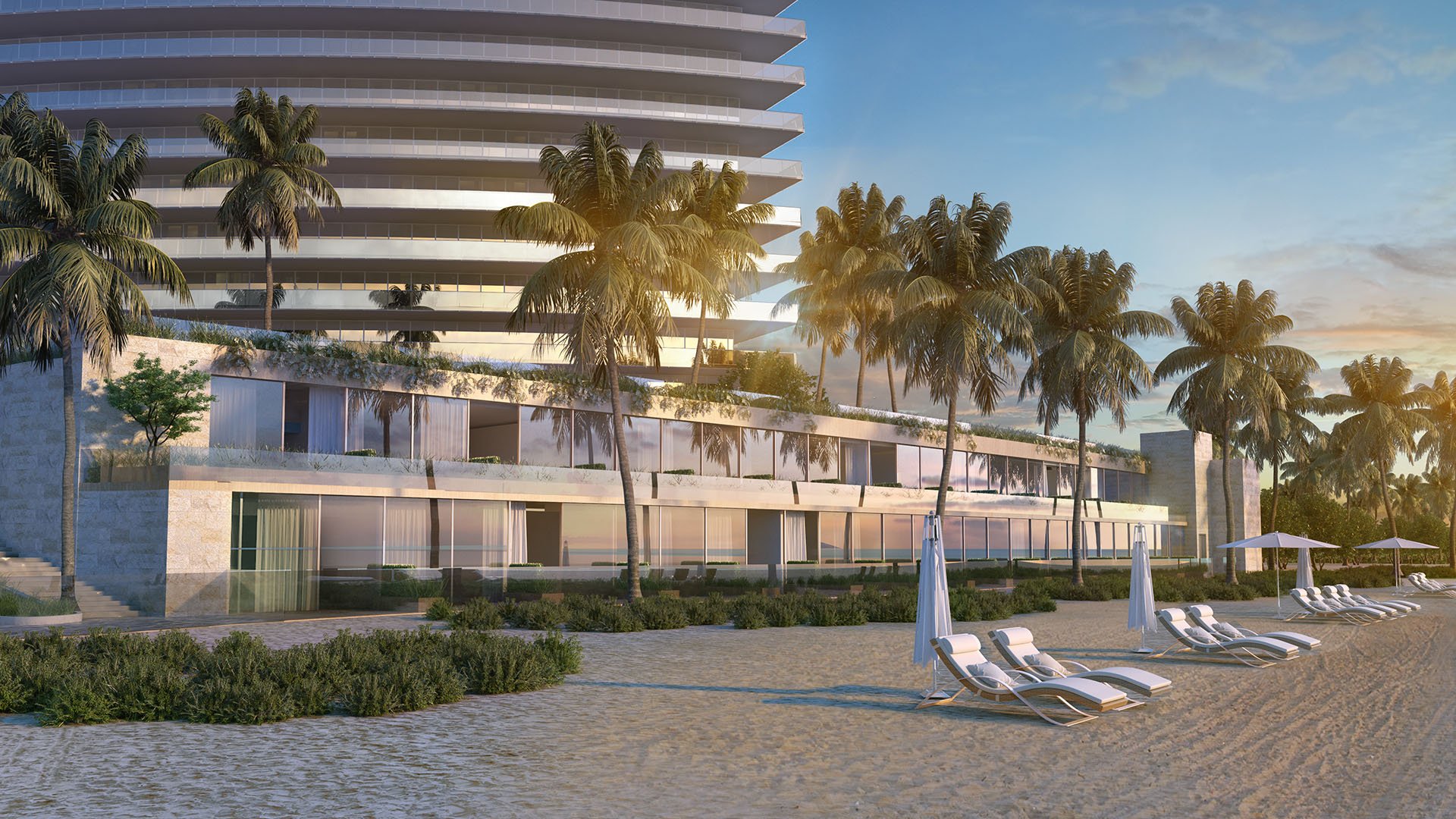 Residences by Armani Casa, Sunny Isles Beach luxury and ultra luxury preconstruction condos, palm-lined beachfront cabana facade with lounge chairs on the sand and layered glass architecture.
