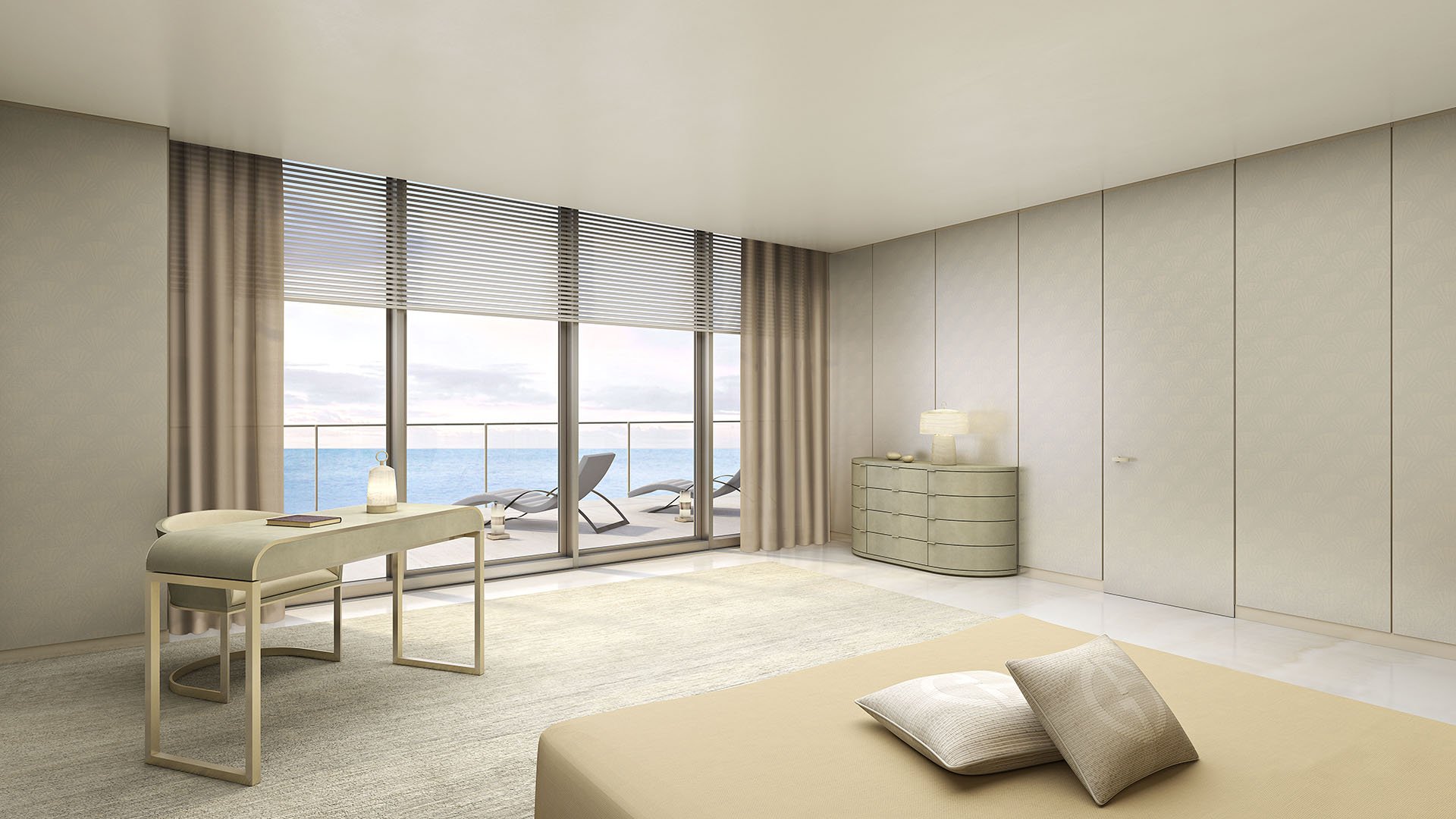 Residences by Armani Casa, Sunny Isles Beach luxury and ultra luxury preconstruction condos, serene bedroom suite with a desk, curved dresser, soft neutral finishes, and sweeping ocean views.