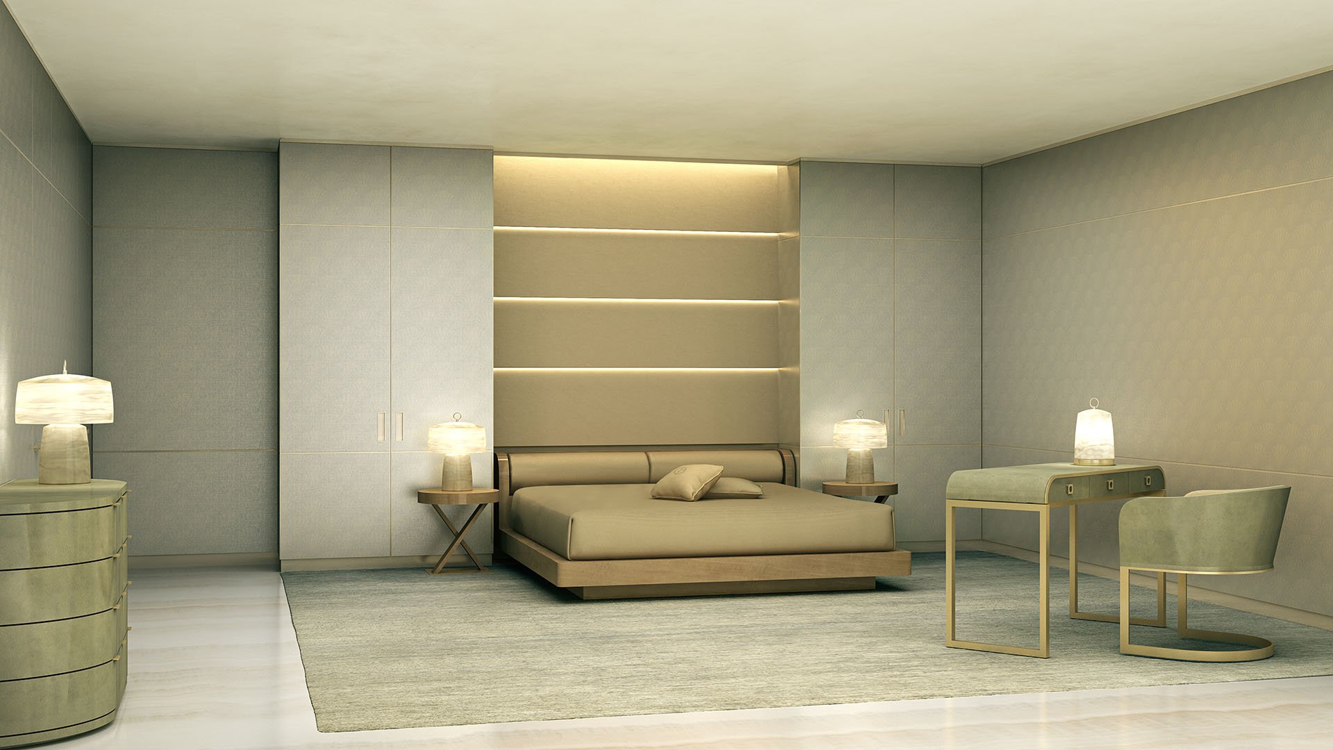 Residences by Armani Casa, Sunny Isles Beach luxury and ultra luxury preconstruction condos, minimalist bedroom suite with built-in shelving, low platform bed, marble floors, and soft ambient lighting.
