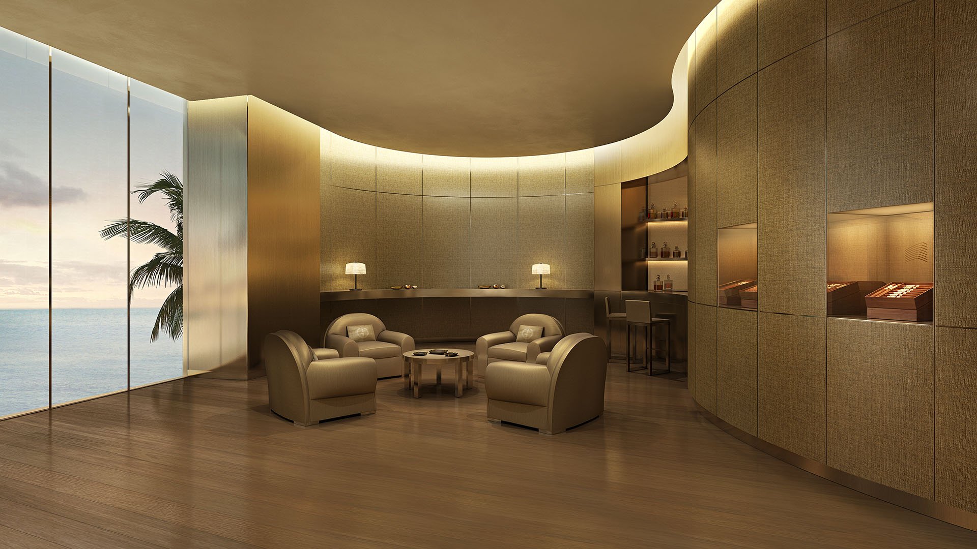 Residences by Armani Casa, Sunny Isles Beach luxury and ultra luxury preconstruction condos, intimate cigar room with a humidor wall, curved ceiling, warm lighting, and plush lounge seating.