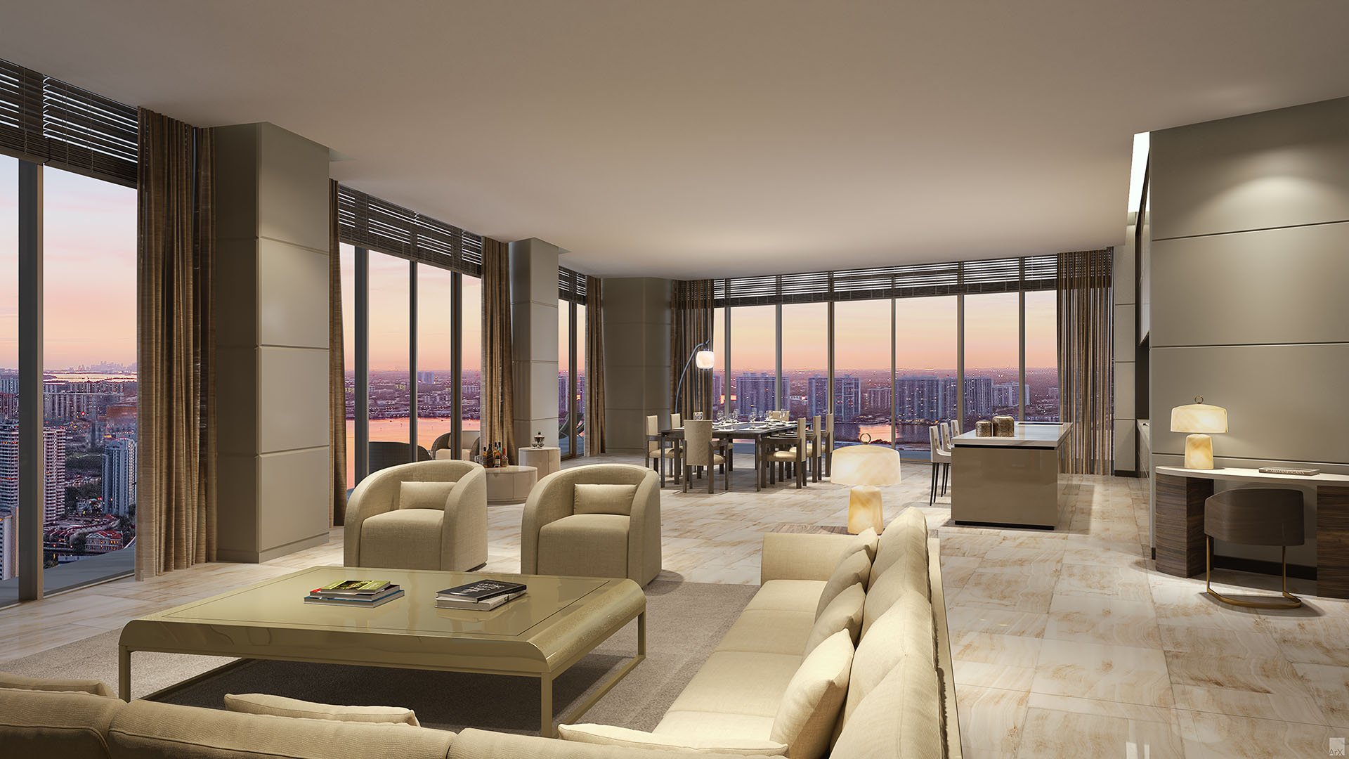 Residences by Armani Casa, Sunny Isles Beach luxury and ultra luxury preconstruction condos, corner living room with sectional seating, dining area, and sunset skyline views through wraparound glass.