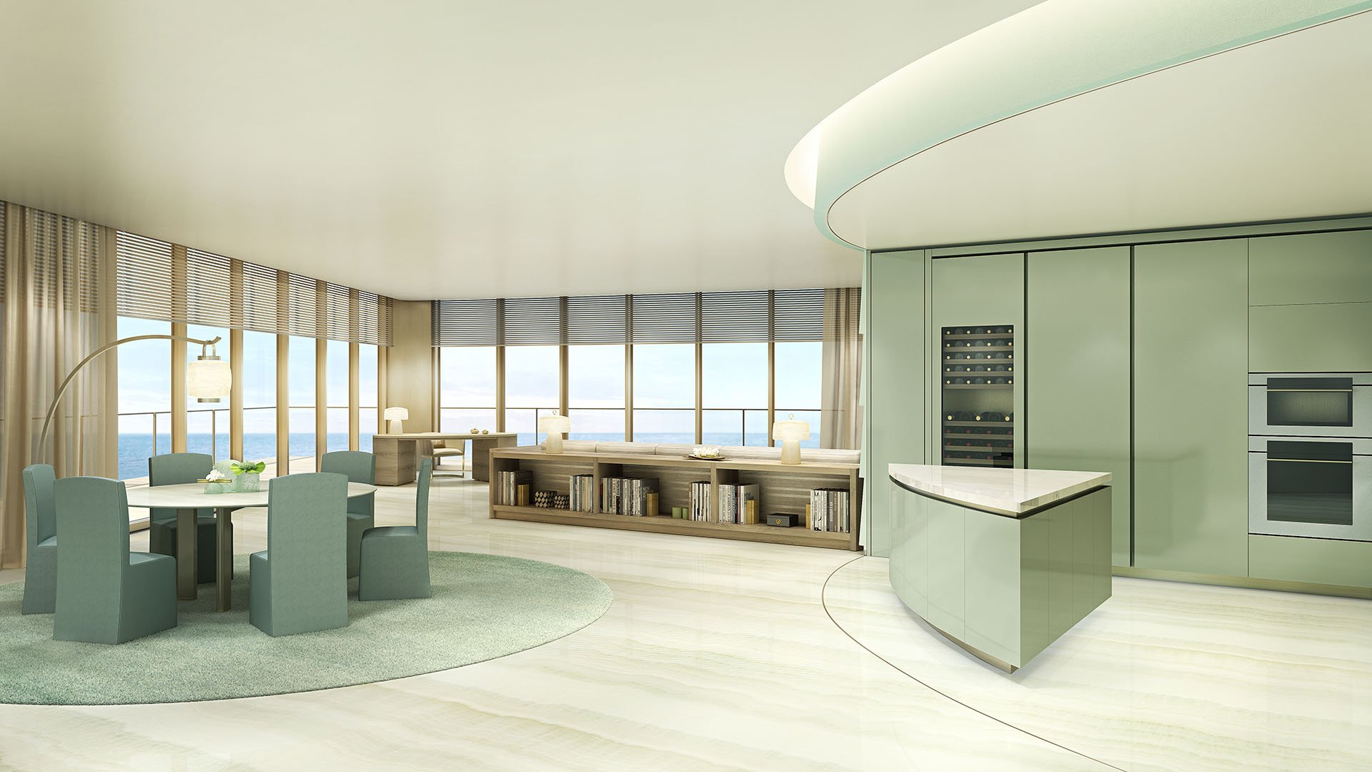 Residences by Armani Casa, Sunny Isles Beach luxury and ultra luxury preconstruction condos, curved kitchen island and breakfast area framed by floor-to-ceiling windows and ocean views.