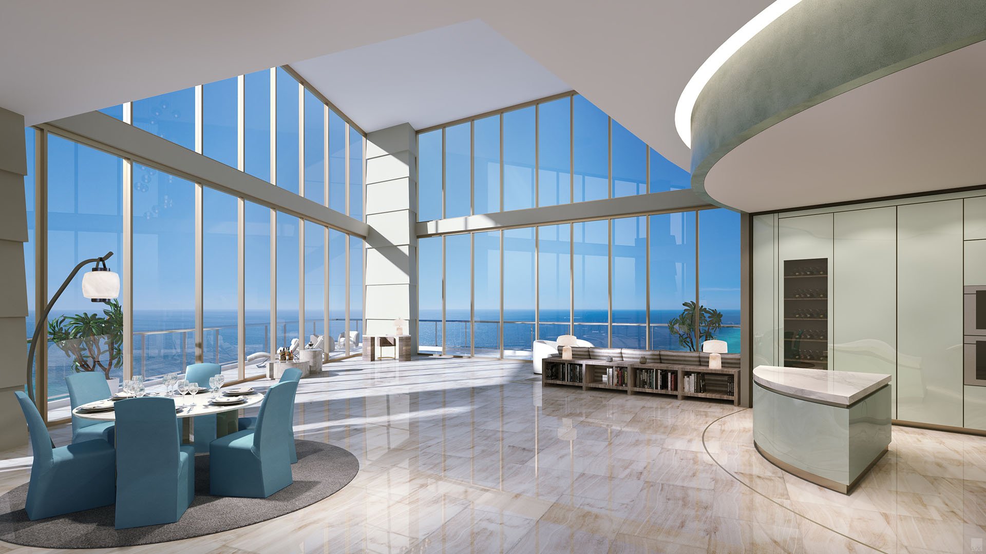 Residences by Armani Casa, Sunny Isles Beach luxury and ultra luxury preconstruction condos, double-height chef kitchen and dining room with glossy floors, curved cabinetry, and wide ocean views.