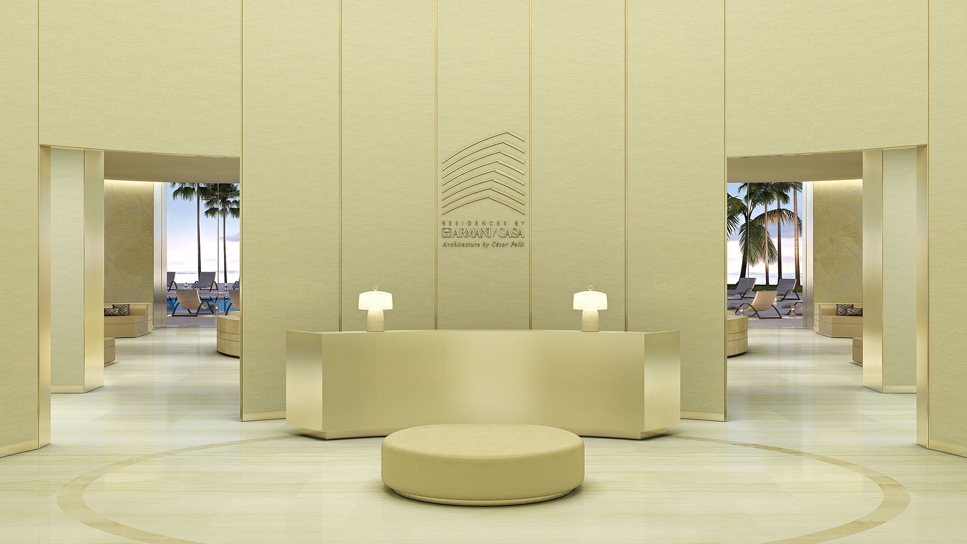 Residences by Armani Casa, Sunny Isles Beach luxury and ultra luxury preconstruction condos, double-height lobby reception with minimalist seating, pale stone finishes, and a refined concierge desk.