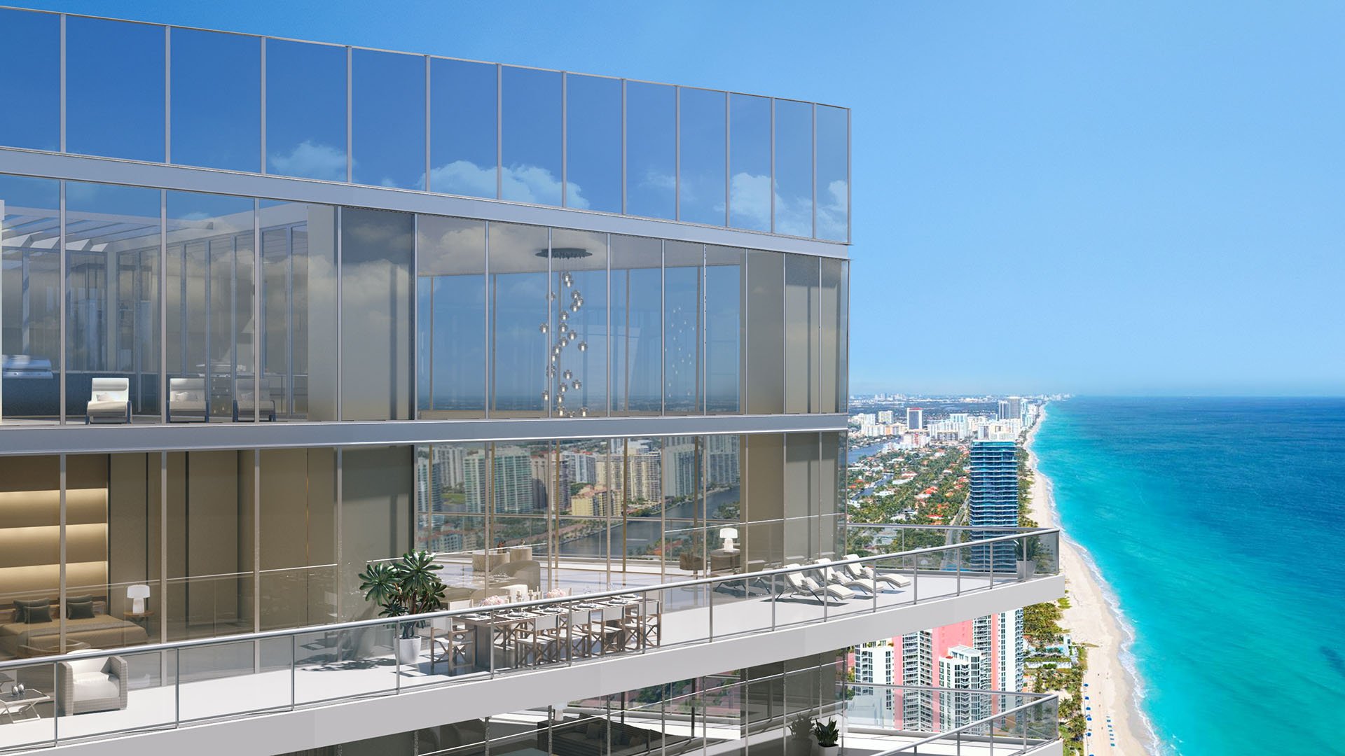 Residences by Armani Casa, Sunny Isles Beach luxury and ultra luxury preconstruction condos, glass corner exterior with expansive terraces overlooking the beachfront and coastal skyline.