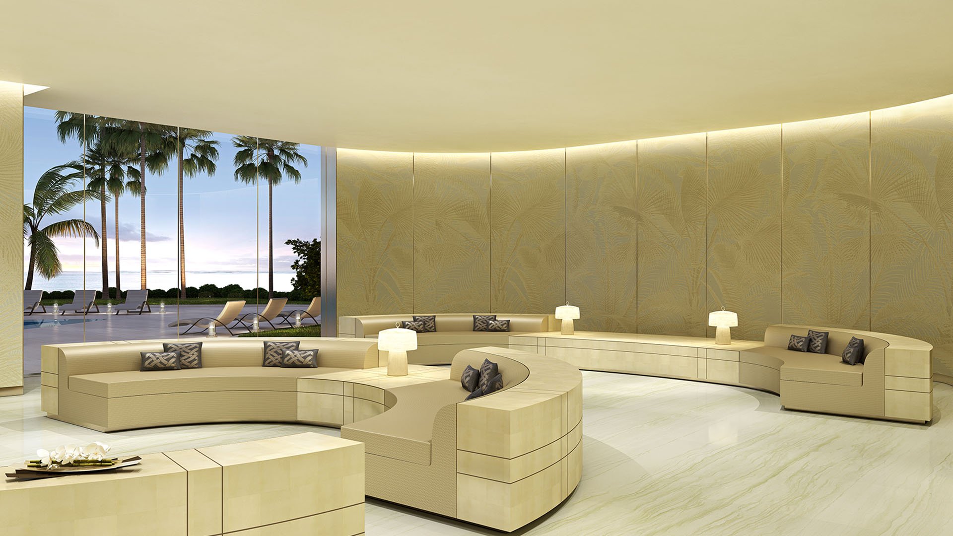 Residences by Armani Casa, Sunny Isles Beach luxury and ultra luxury preconstruction condos, grand lobby lounge with sculptural curved sofas, warm lighting, and tropical landscaping outside.