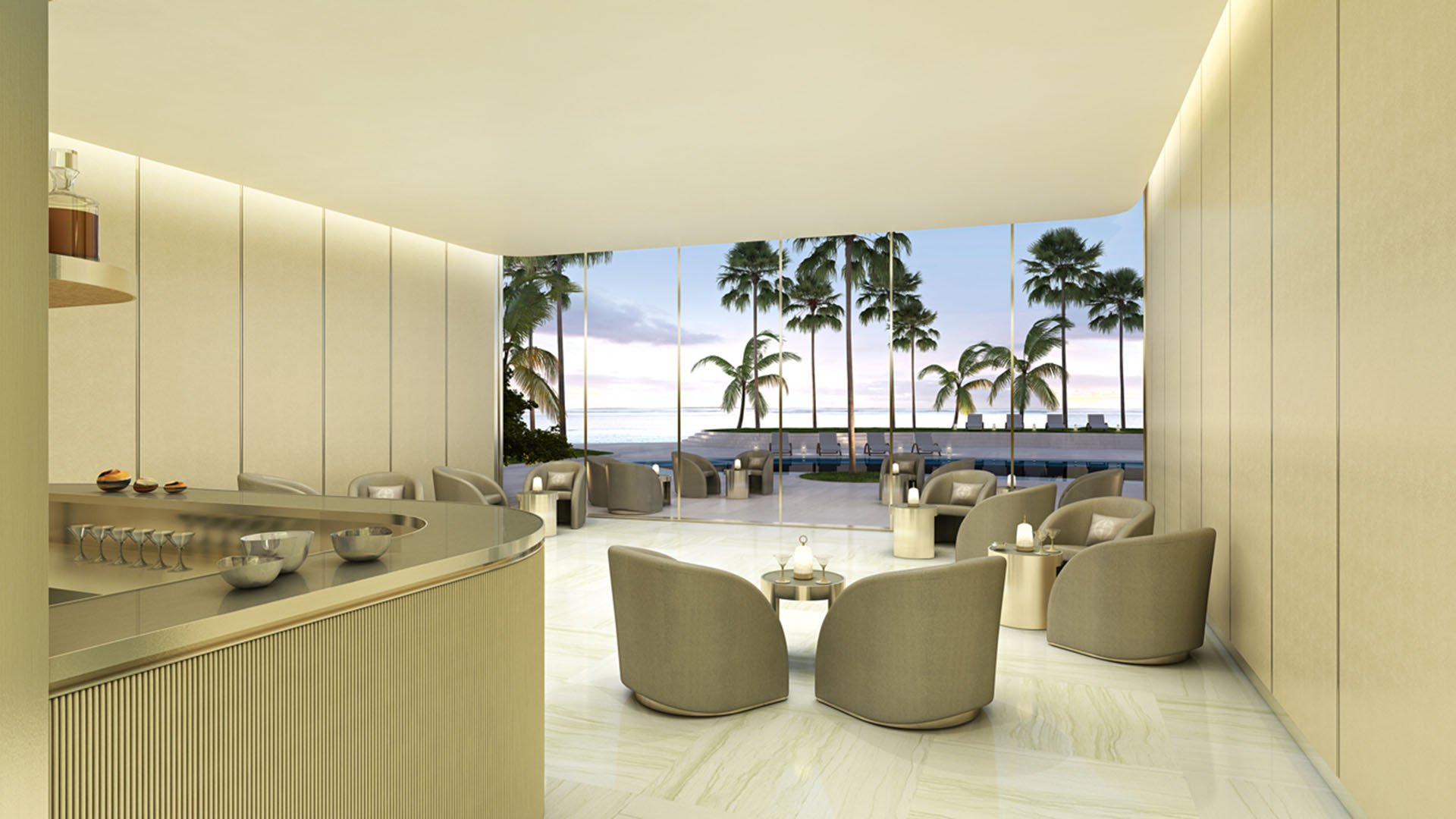 Residences by Armani Casa, Sunny Isles Beach luxury and ultra luxury preconstruction condos, lobby bar lounge with a curved bar, upholstered seating, and palm-filled views beyond the glass.