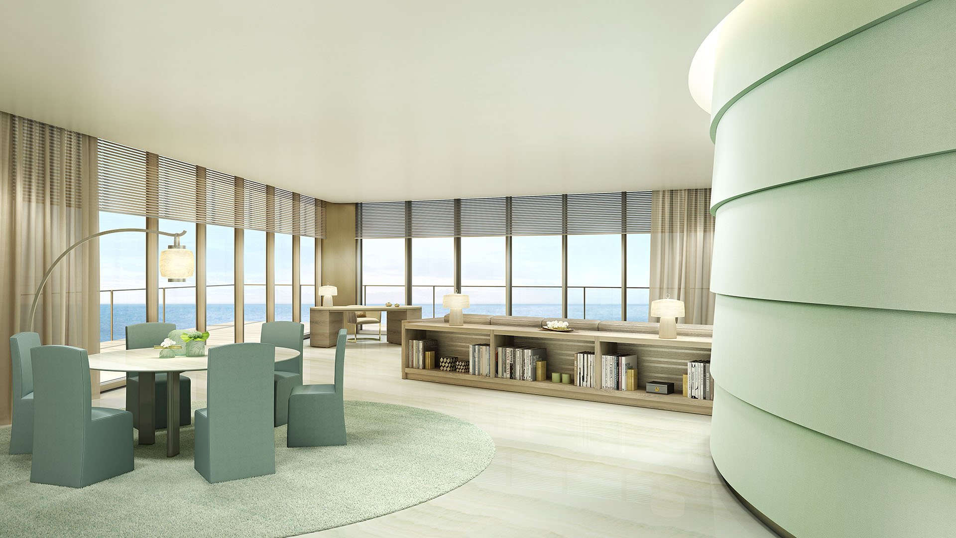 Residences by Armani Casa, Sunny Isles Beach luxury and ultra luxury preconstruction condos, open-concept great room with a curved kitchen wall, dining area, and panoramic ocean-facing glass.