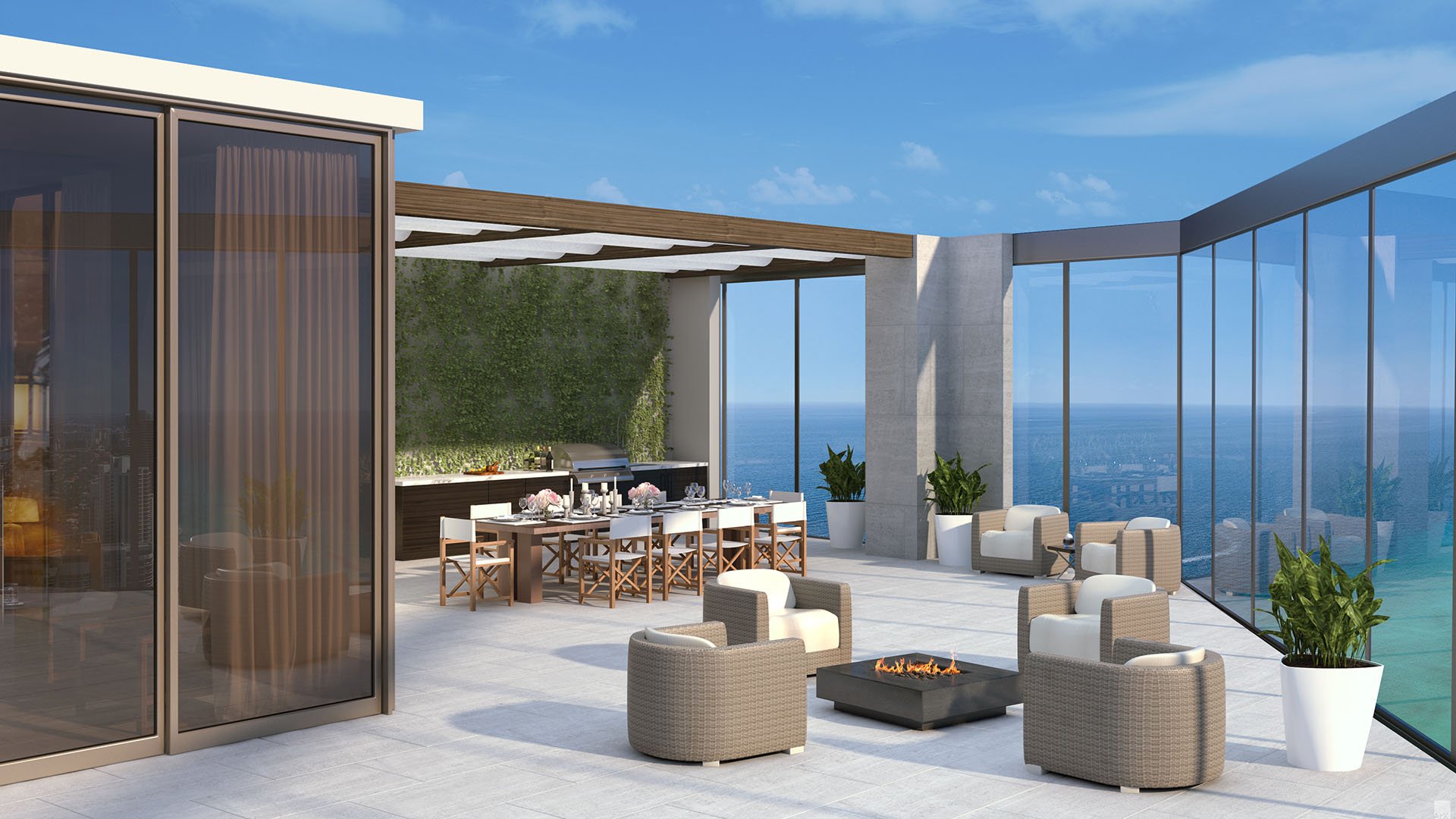 Residences by Armani Casa, Sunny Isles Beach luxury and ultra luxury preconstruction condos, pergola lounge terrace with outdoor dining, cushioned seating, and elevated ocean views.