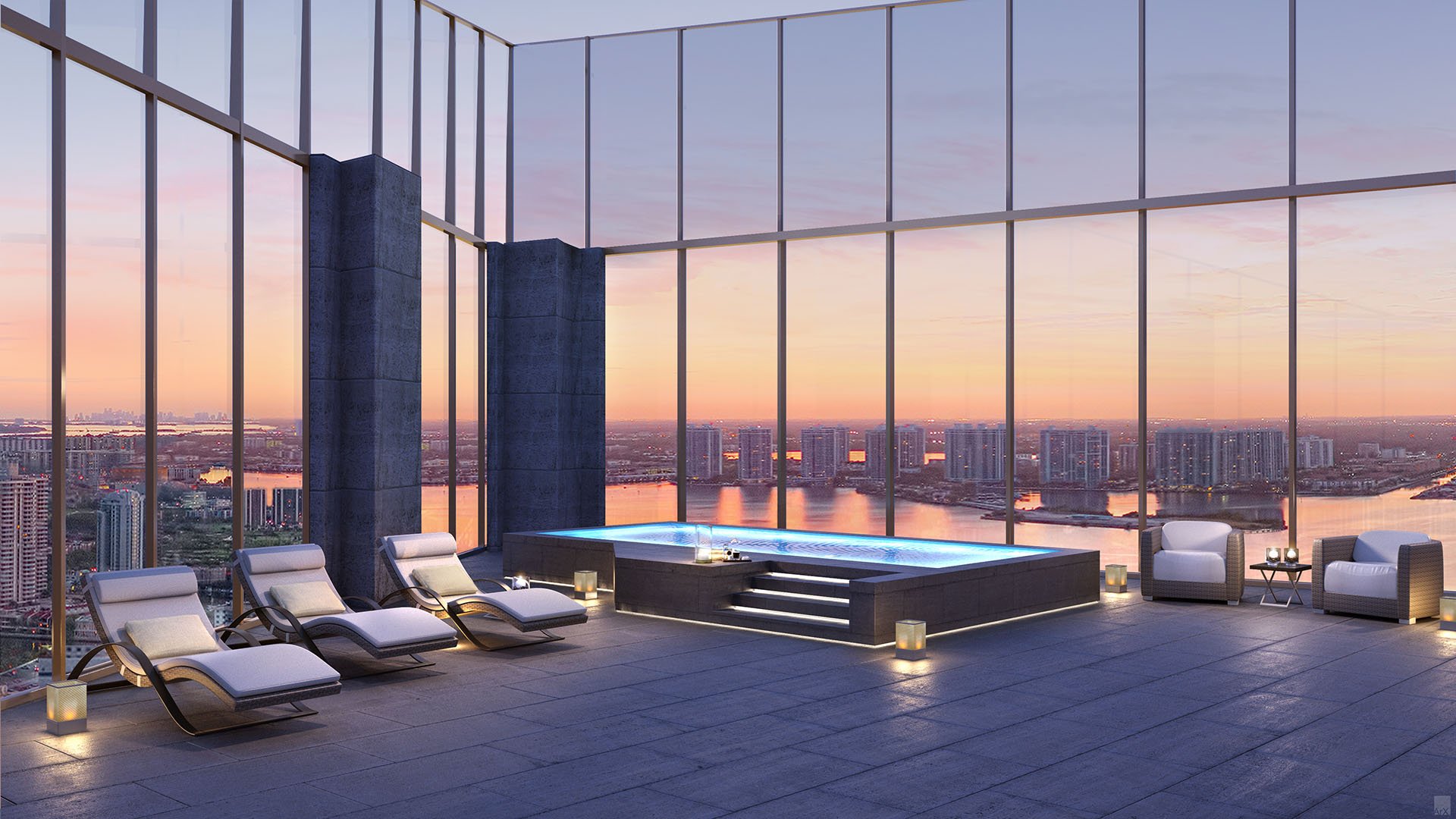 Residences by Armani Casa, Sunny Isles Beach luxury and ultra luxury preconstruction condos, rooftop jacuzzi terrace with chaise lounges, candlelight, and a sunset skyline backdrop.