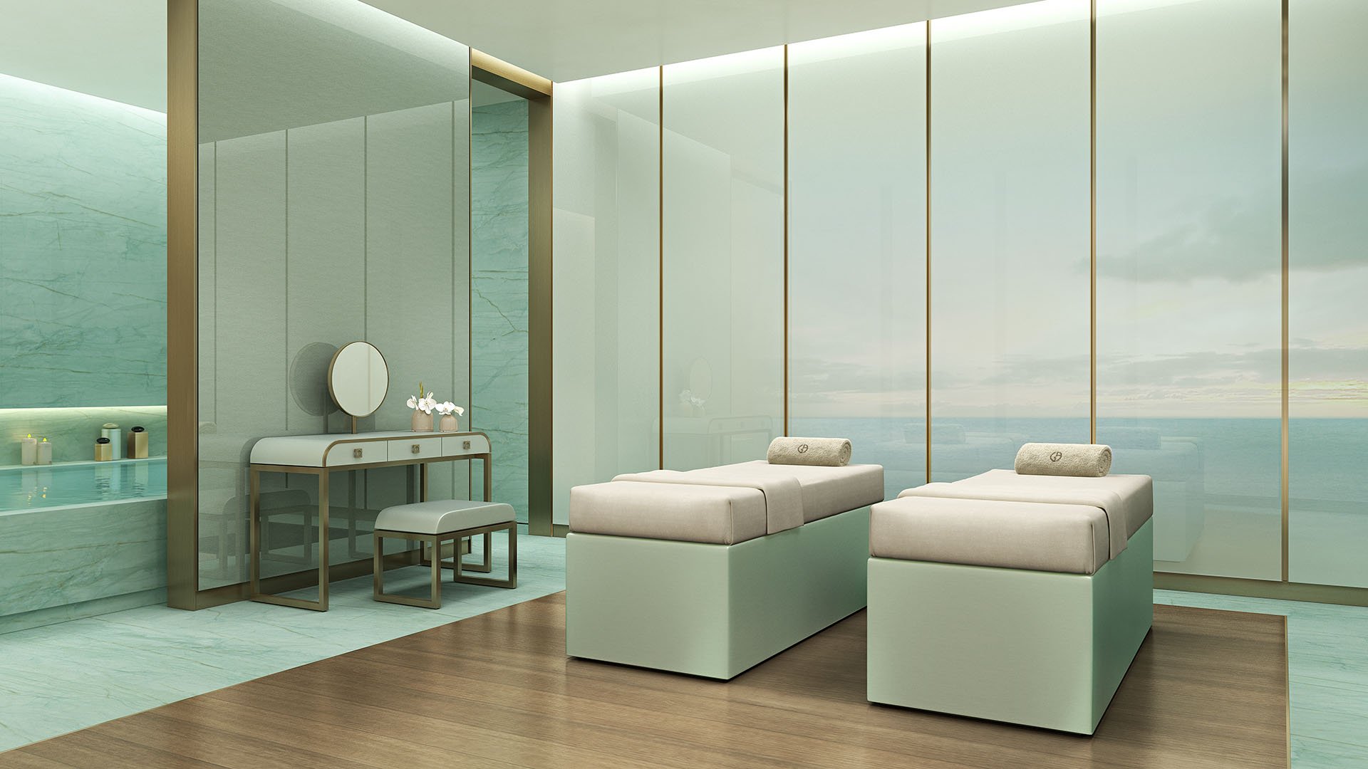 Residences by Armani Casa, Sunny Isles Beach luxury and ultra luxury preconstruction condos, spa couples treatment room with dual massage beds, pale wood finishes, and a tranquil ocean backdrop.