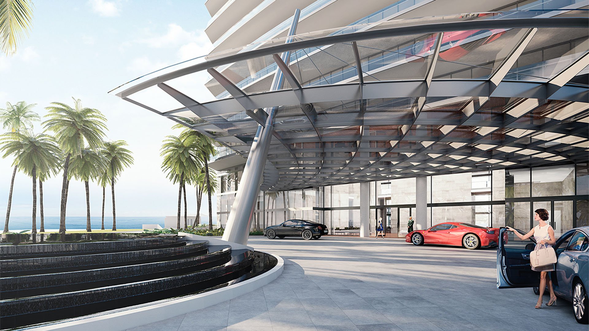 Residences by Armani Casa, Sunny Isles Beach luxury and ultra luxury preconstruction condos, valet arrival with a dramatic canopy, circular fountain, luxury cars, and ocean glimpses.