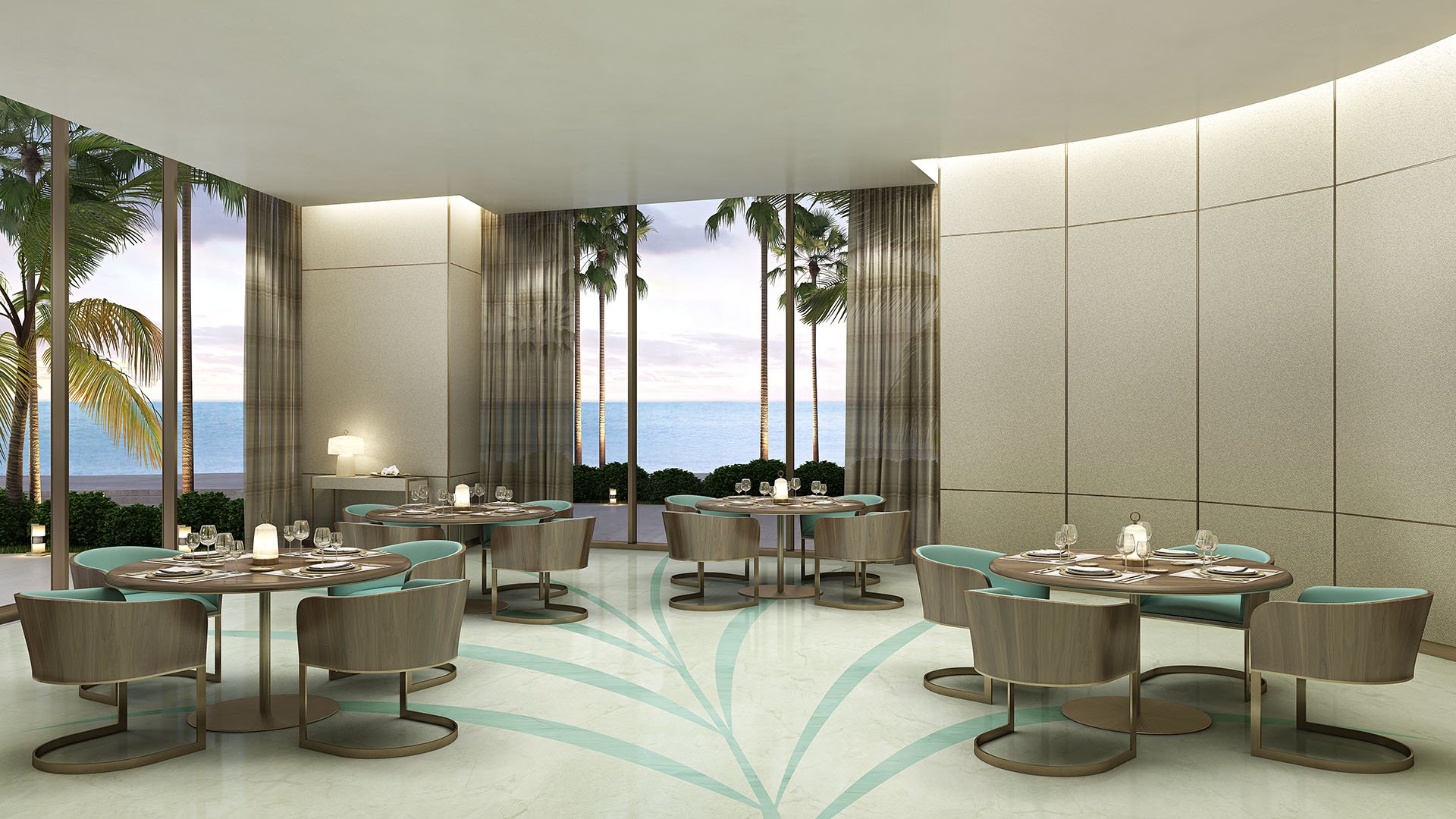 Residences by Armani Casa, Sunny Isles Beach luxury and ultra luxury preconstruction condos, waterfront dining room with turquoise chairs, round tables, and floor-to-ceiling glass.