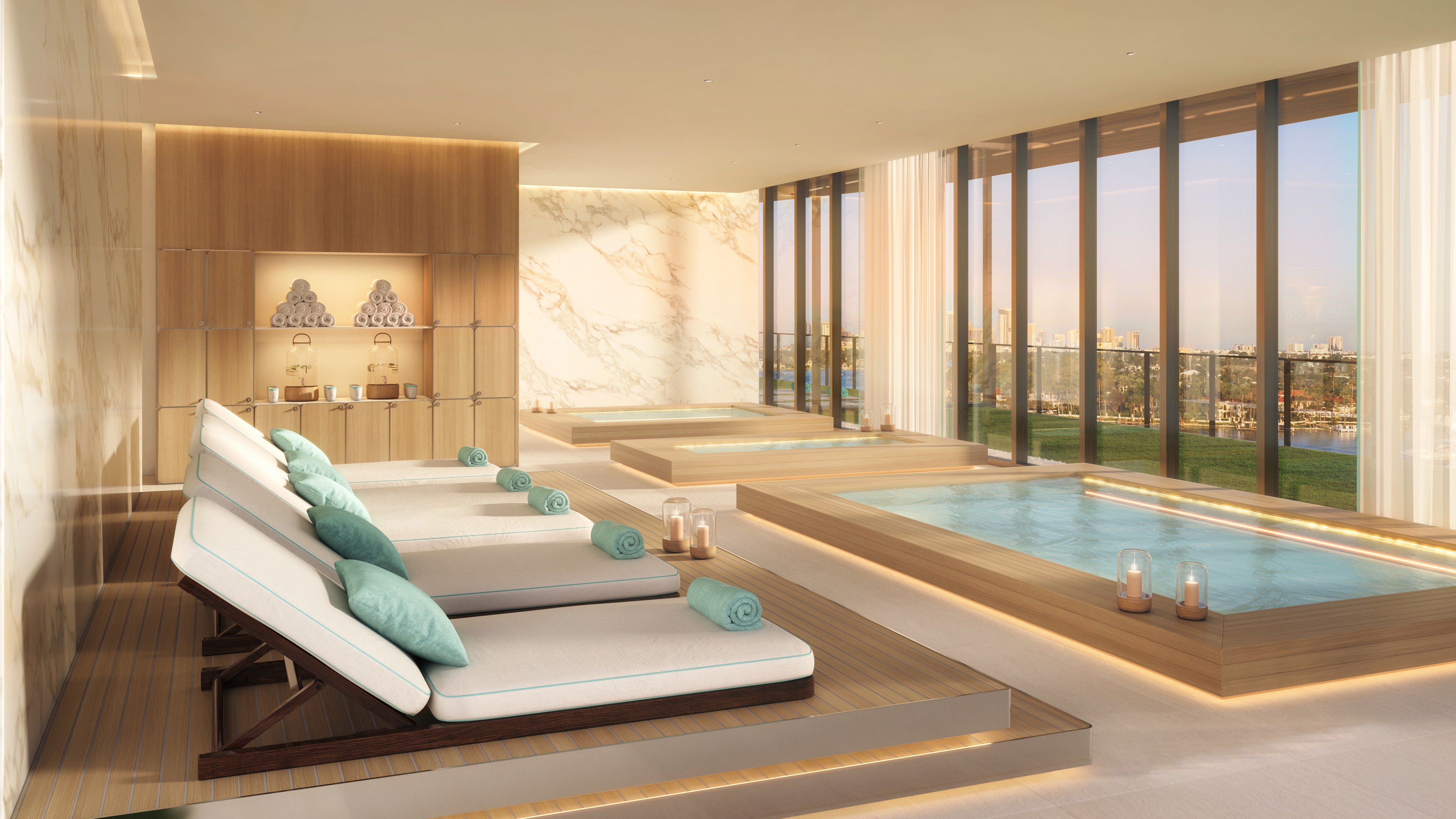 Riva Residenze, Fort Lauderdale spa interior with water views, wellness amenity for luxury and ultra luxury condos; premium resale. Featuring luxurious and view.
