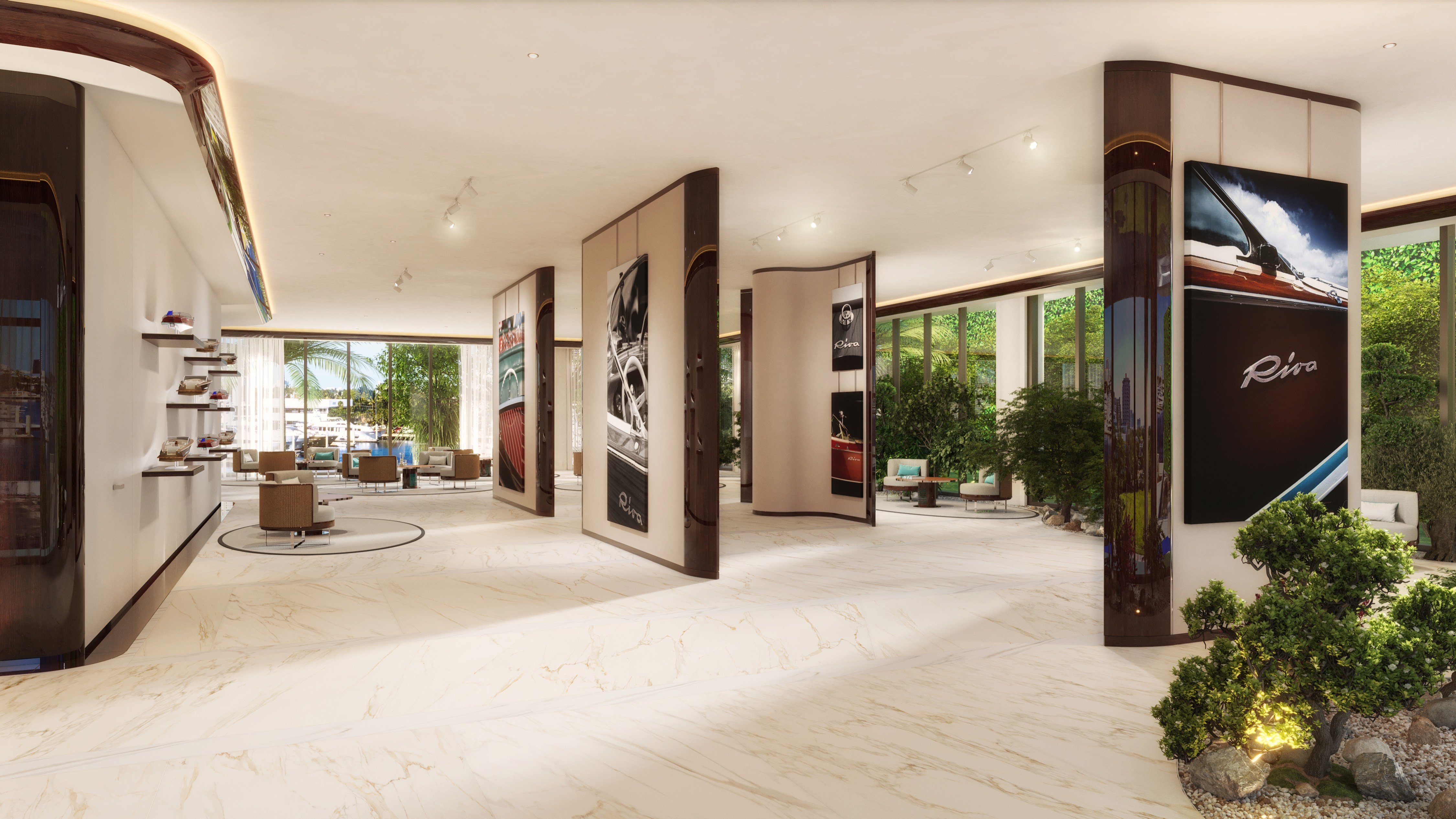 Riva Residenze, Fort Lauderdale yacht‑inspired boat showroom interior, exclusive branding within luxury and ultra luxury condos; curated resale offerings.