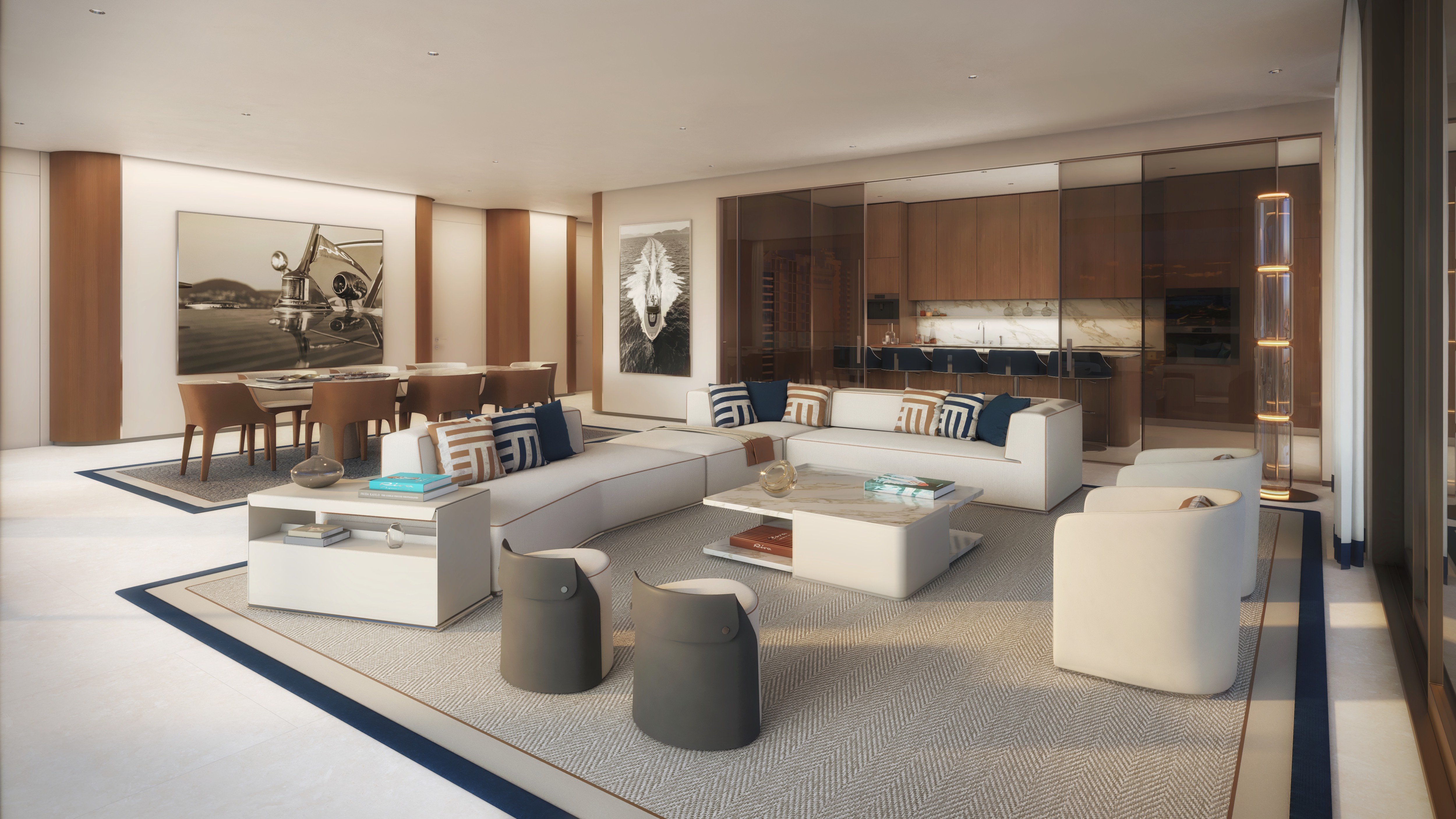 Riva Residenze, Fort Lauderdale modern living room interior, open‑plan space in luxury and ultra luxury condos; high‑demand resale. Featuring design.