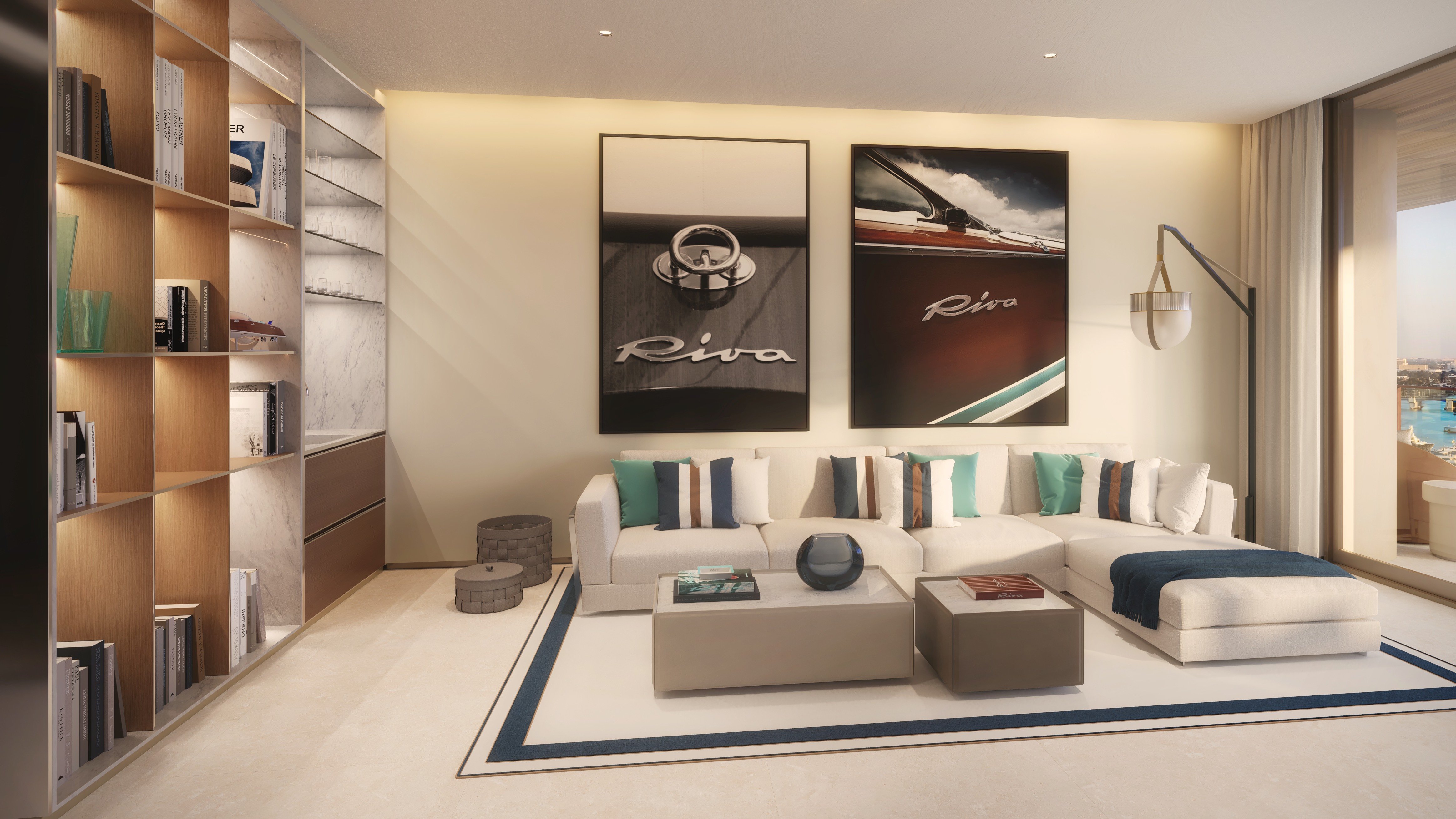 Riva Residenze, Fort Lauderdale living room with art and sunset bay view, elegant setting in luxury and ultra luxury condos; premium resale. Featuring modern.