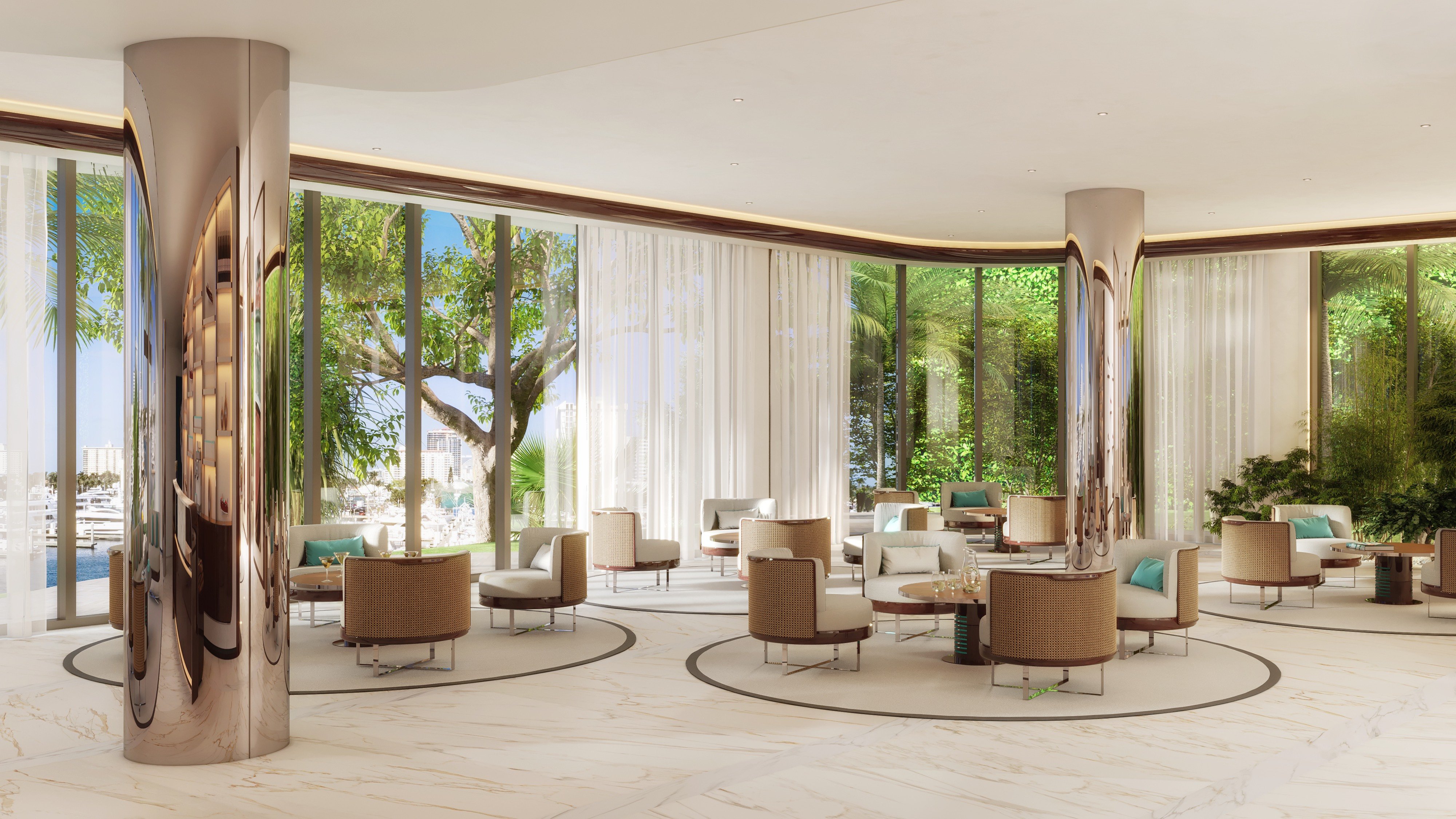Riva Residenze, Fort Lauderdale lounge interior with garden view, tranquil amenity for luxury and ultra luxury condos; strong resale. Featuring modern.