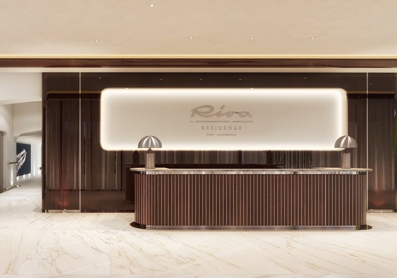 Riva Residenze, Fort Lauderdale reception lobby, waterfront arrival for luxury and ultra luxury condos; established resale community. Featuring residences and port.