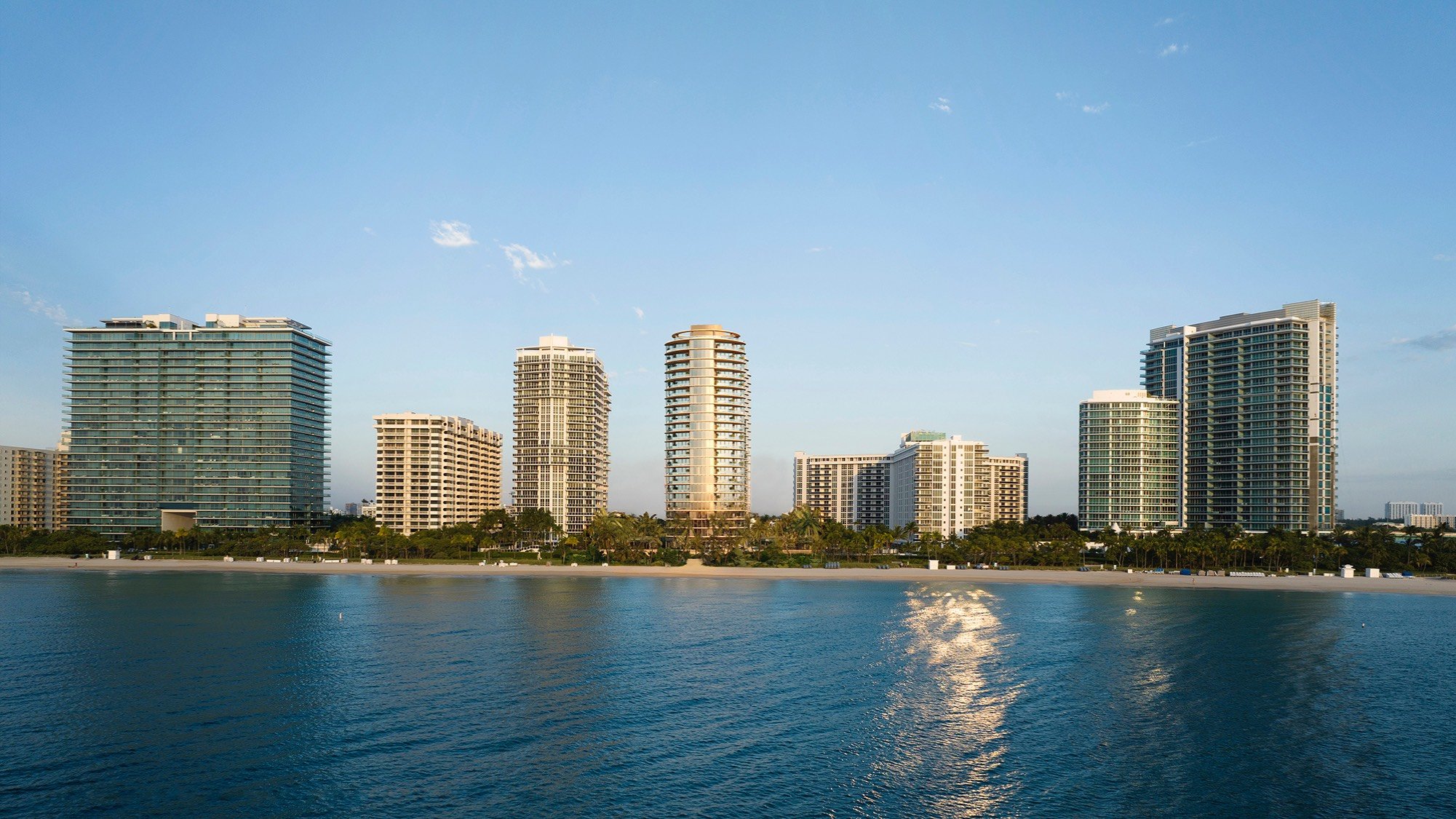 Rivage Bal Harbour cityscape with coastal high‑rises in Bal Harbour, Miami, waterfront address of luxury and ultra luxury condos; preconstruction.