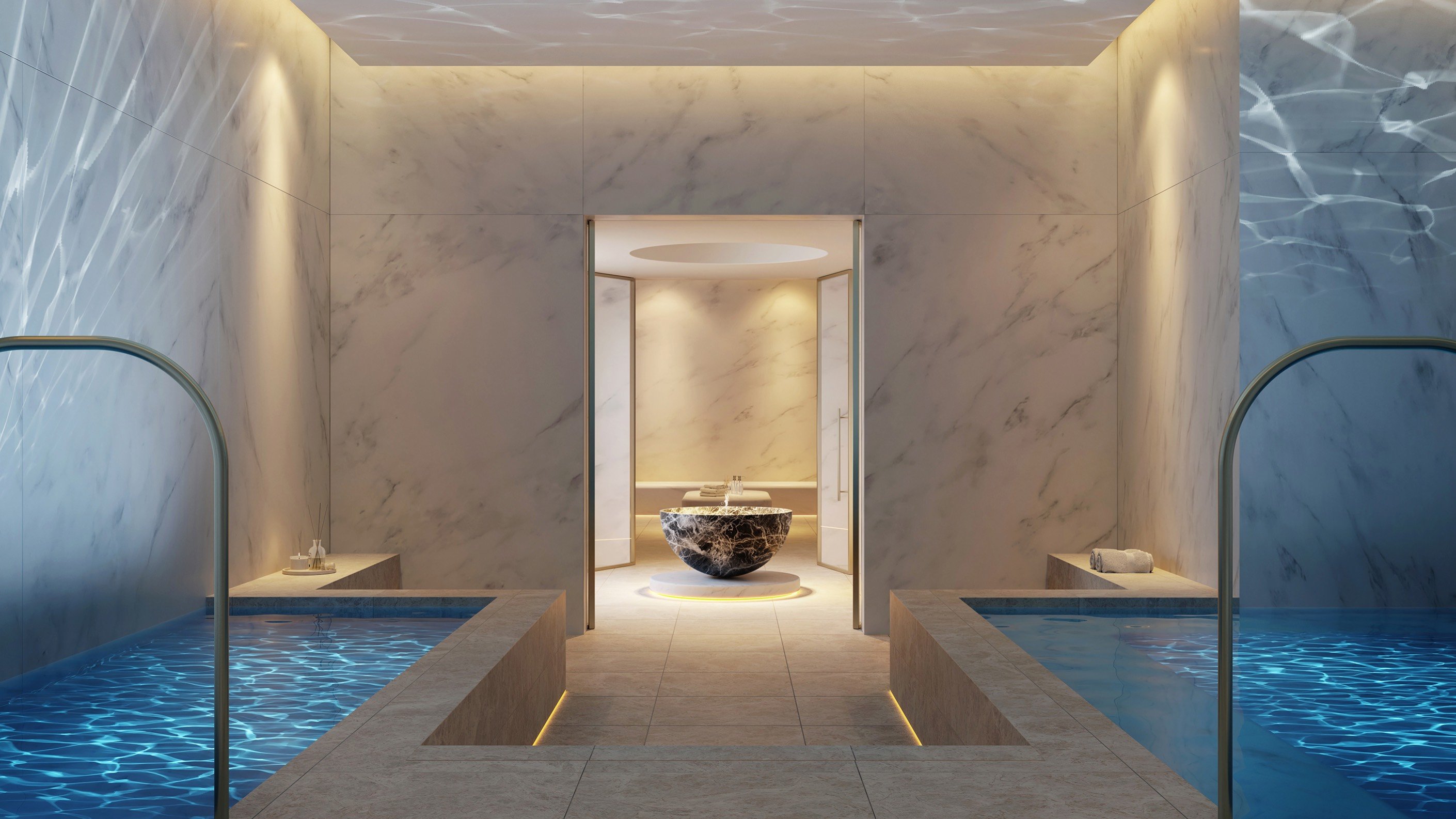 Rivage Bal Harbour spa interior with tranquil lighting and lounges in Bal Harbour, Miami, wellness amenity for luxury and ultra luxury condos; preconstruction. Featuring luxurious.